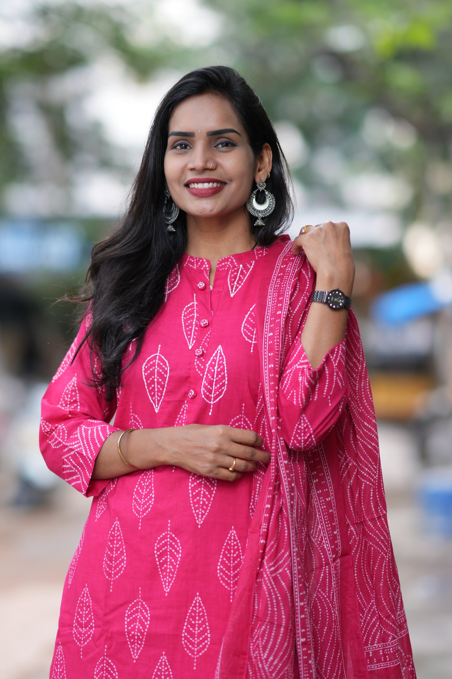 Rani Pink Color Jaipuri Cotton 3 Piece Set With Kantha Work and Complete Lining