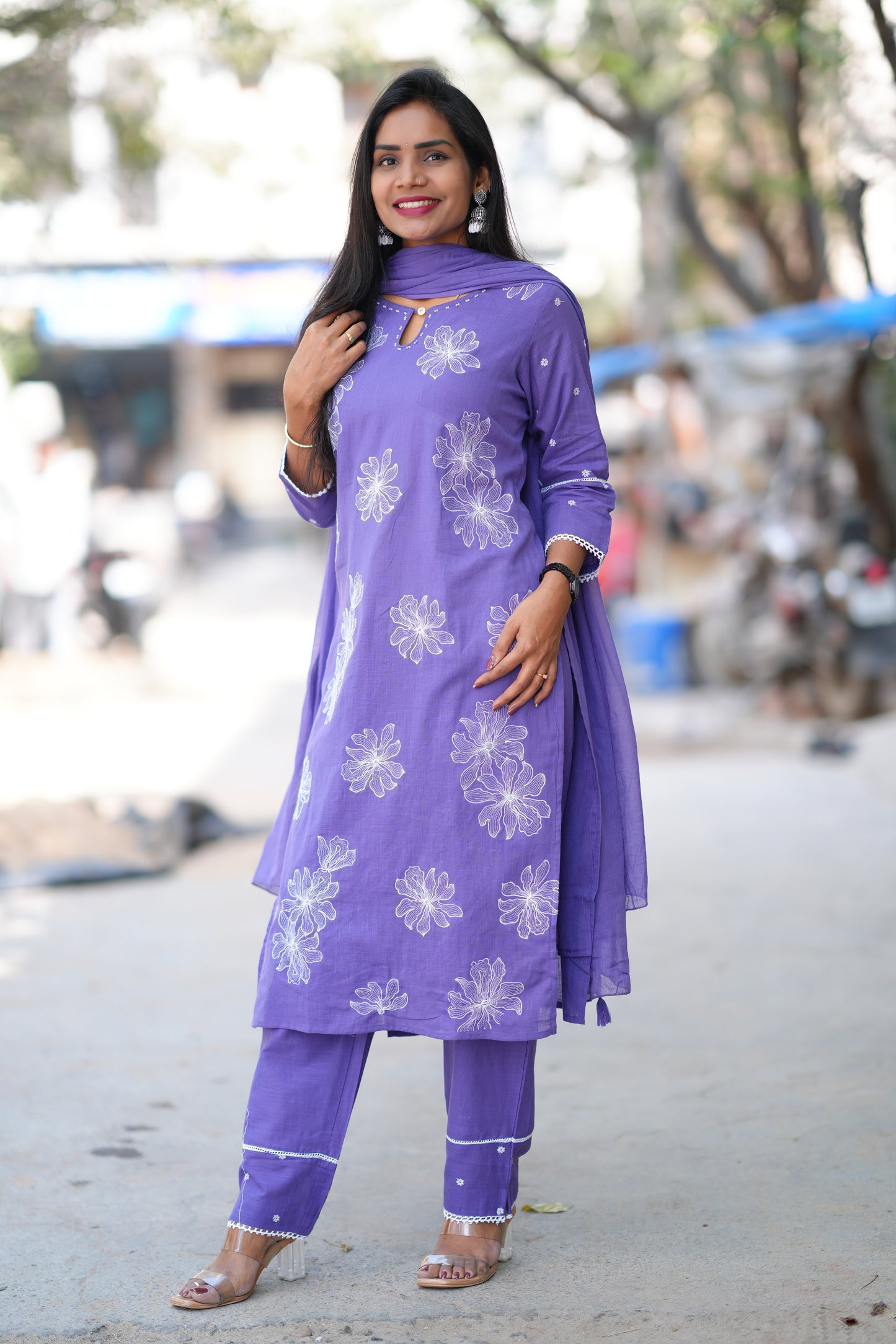 Lavender Color Slub Cotton 3 Piece Set With Embroidery Work and Complete Lining