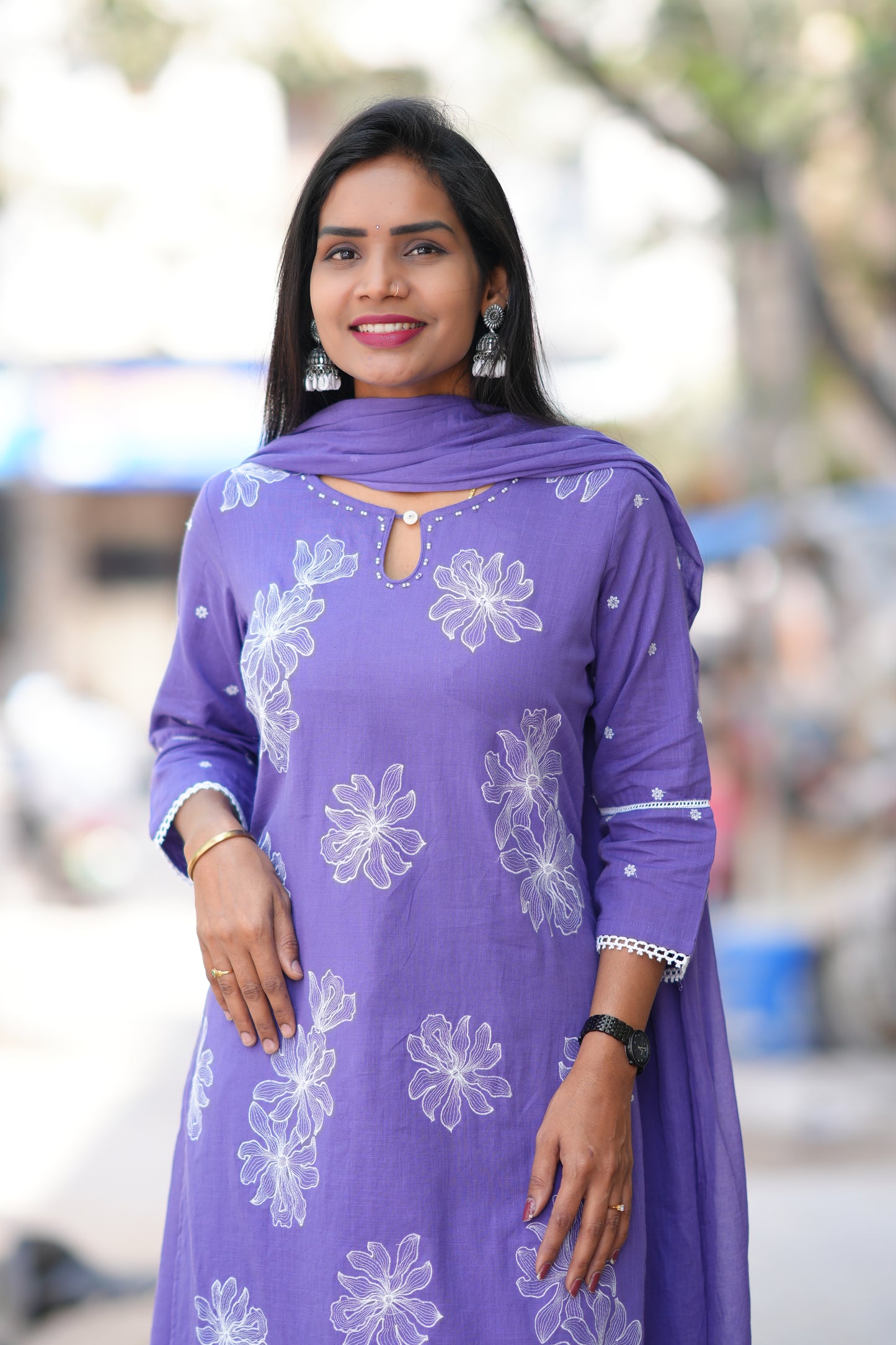 Lavender Color Slub Cotton 3 Piece Set With Embroidery Work and Complete Lining