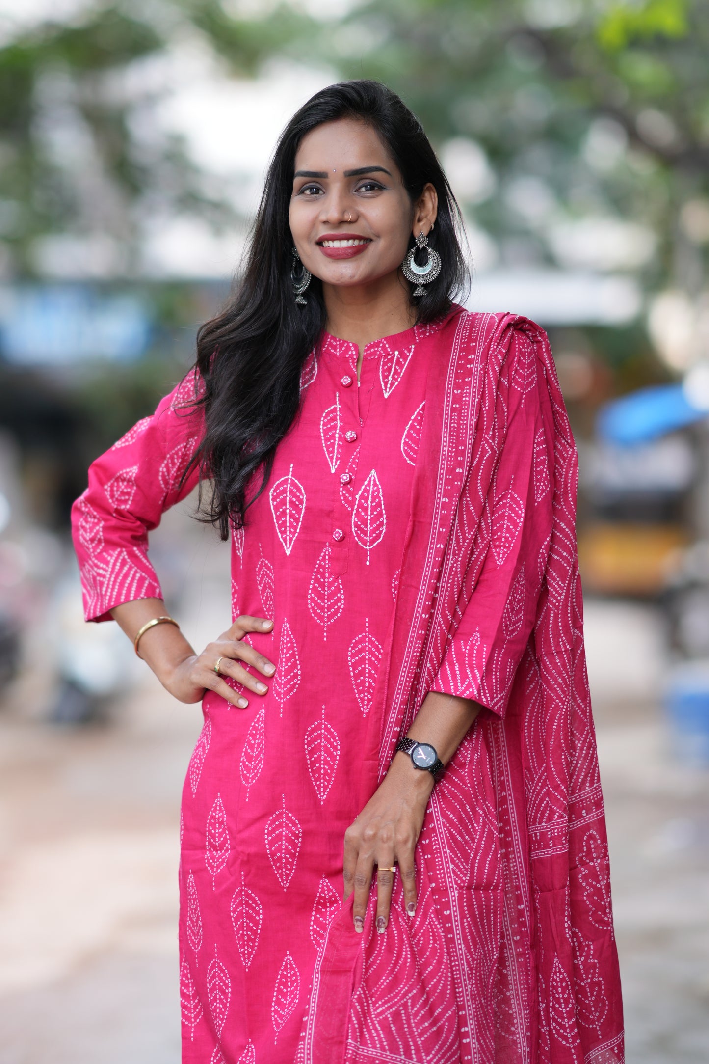 Rani Pink Color Jaipuri Cotton 3 Piece Set With Kantha Work and Complete Lining