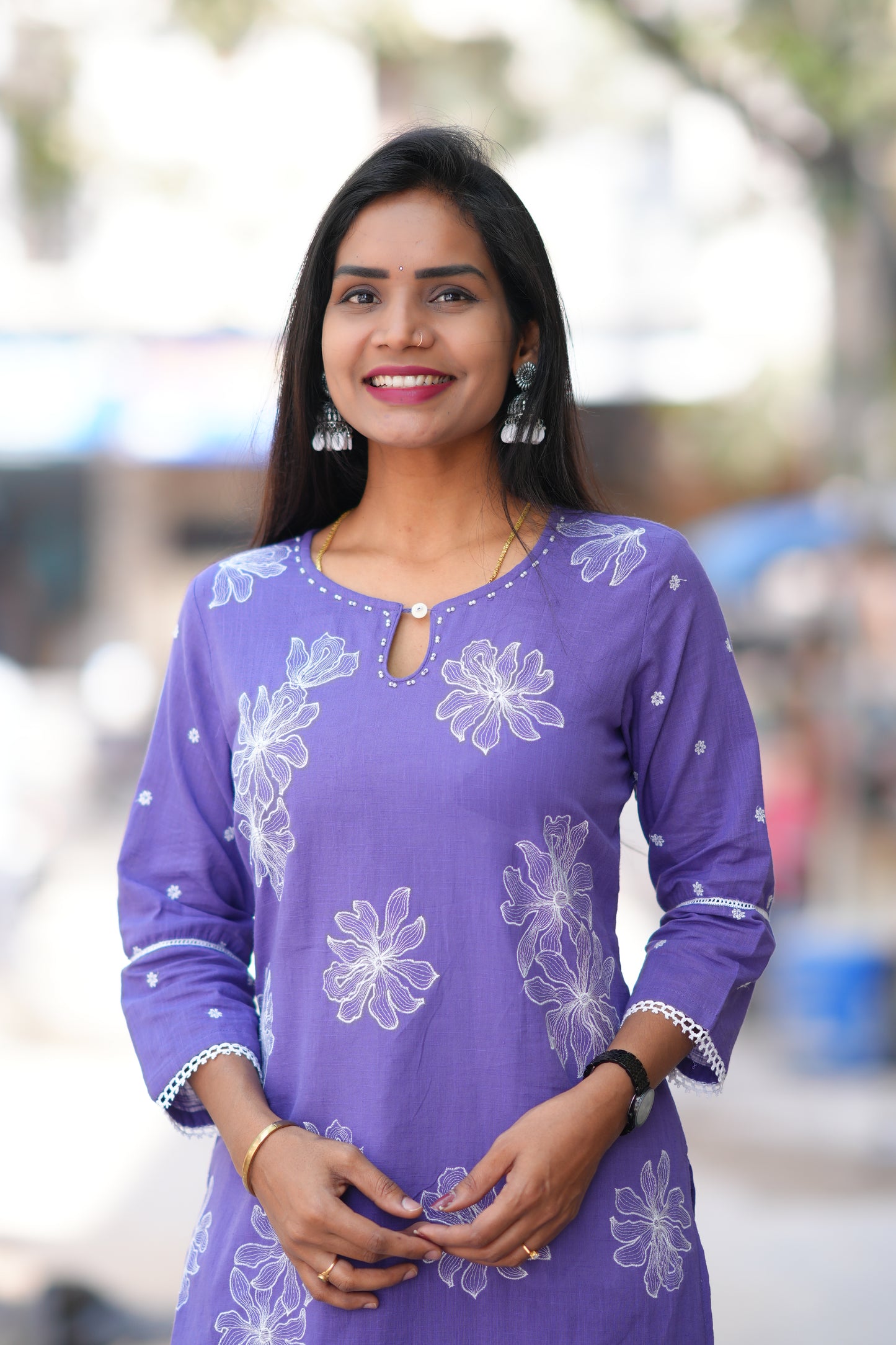 Lavender Color Slub Cotton 3 Piece Set With Embroidery Work and Complete Lining