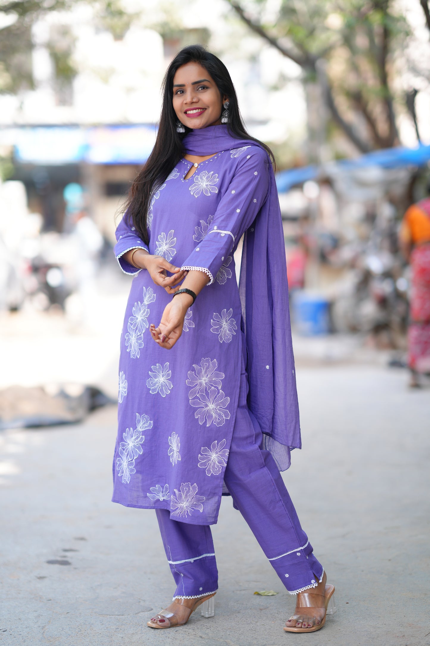 Lavender Color Slub Cotton 3 Piece Set With Embroidery Work and Complete Lining