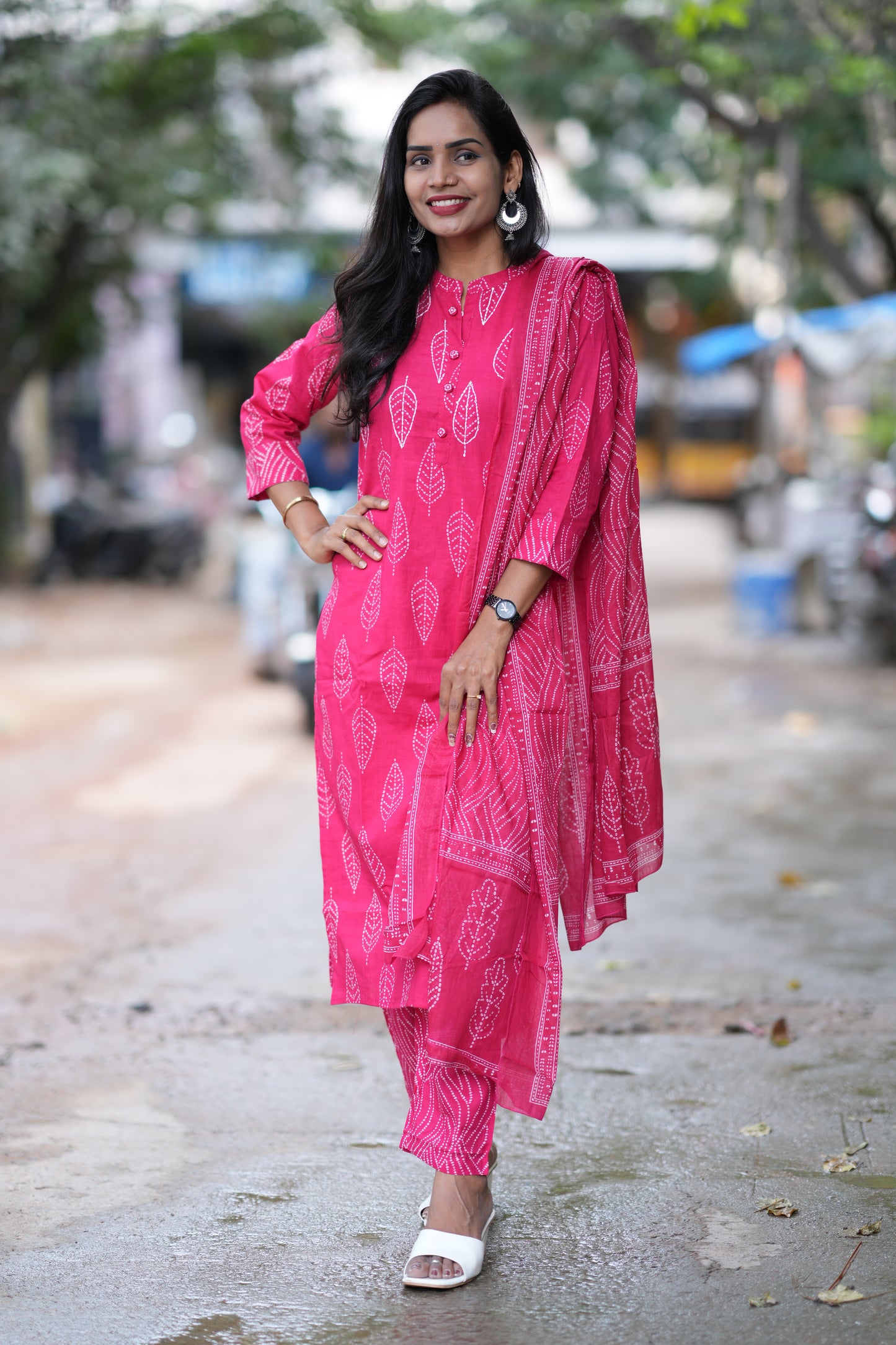 Rani Pink Color Jaipuri Cotton 3 Piece Set With Kantha Work and Complete Lining