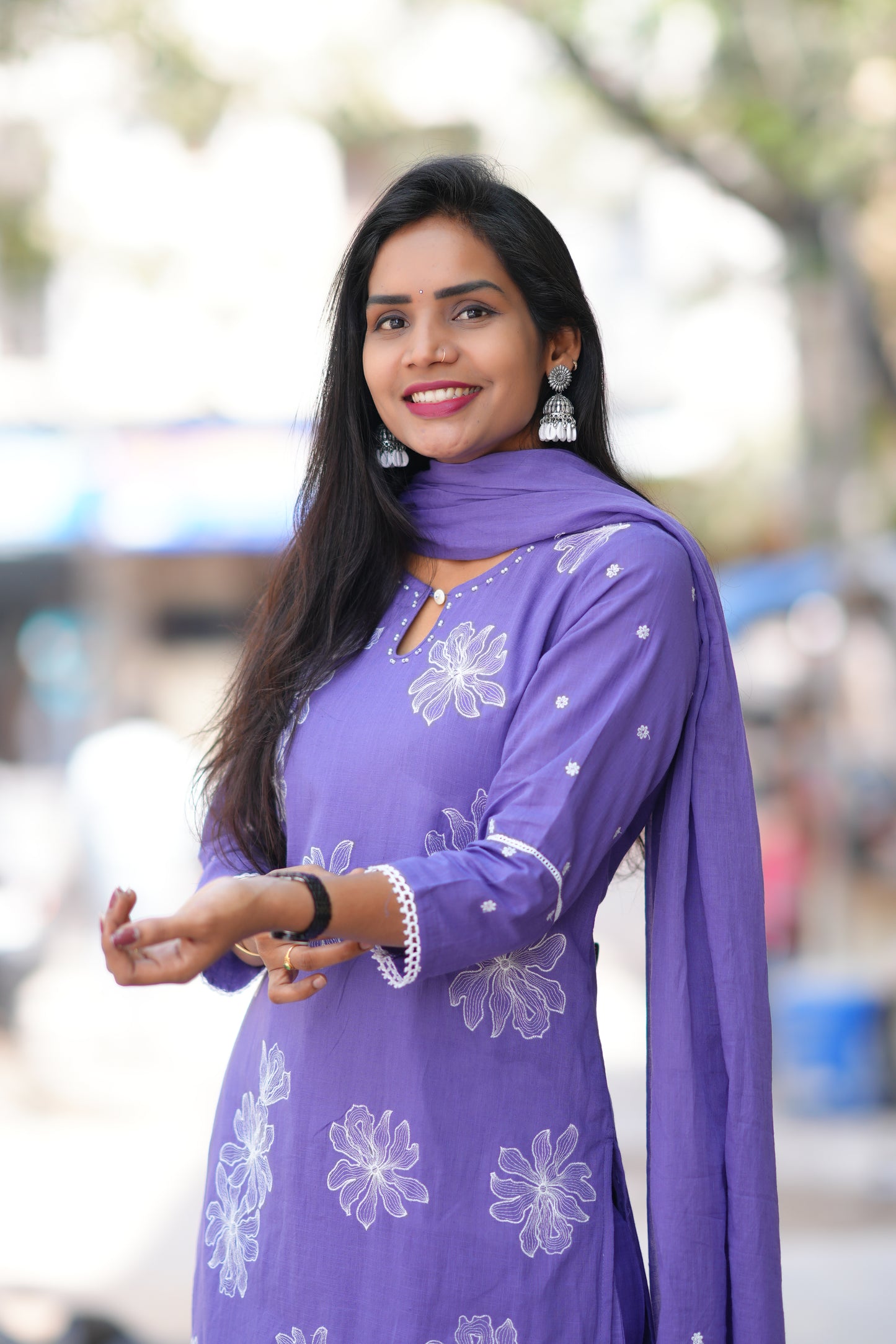 Lavender Color Slub Cotton 3 Piece Set With Embroidery Work and Complete Lining