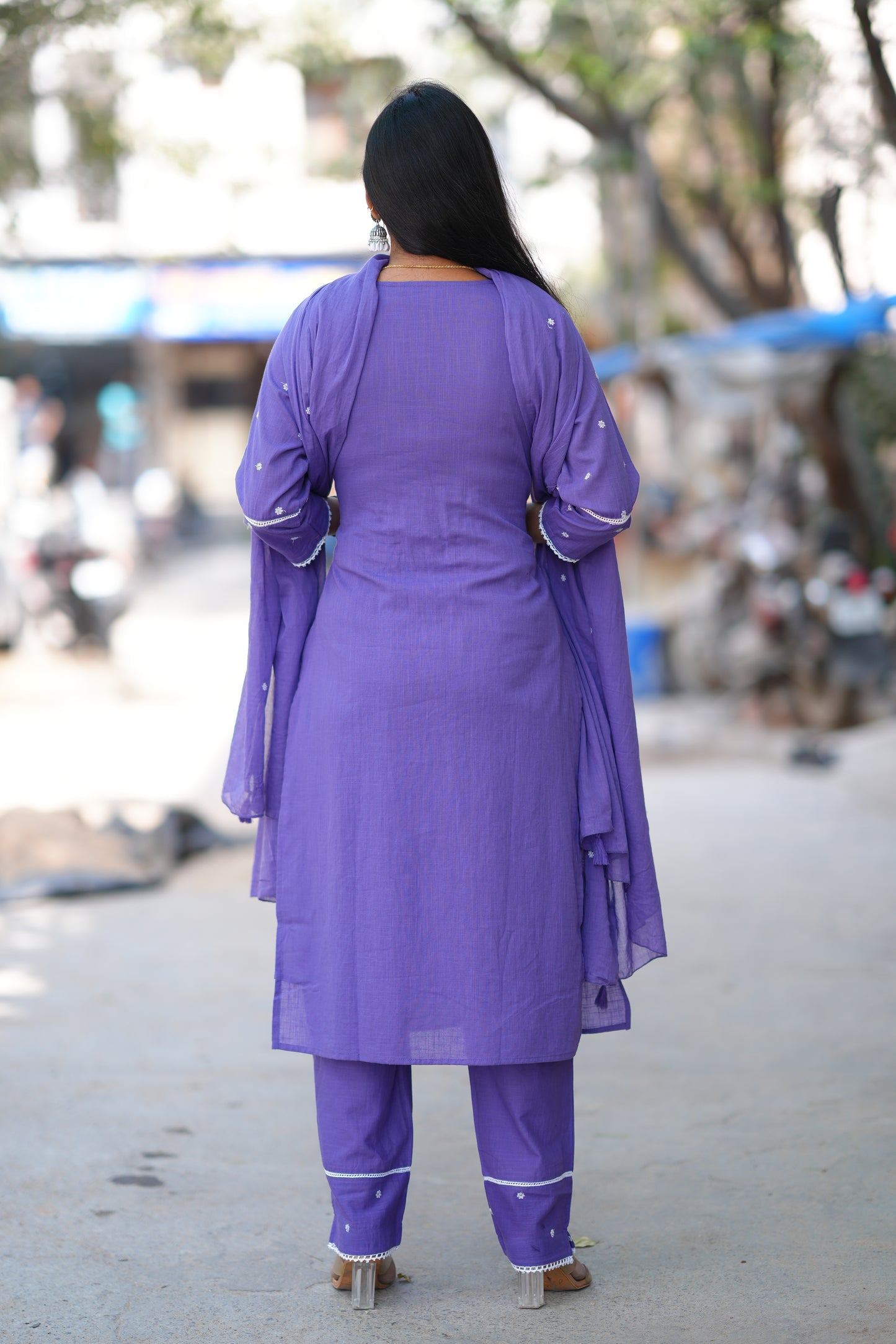 Lavender Color Slub Cotton 3 Piece Set With Embroidery Work and Complete Lining