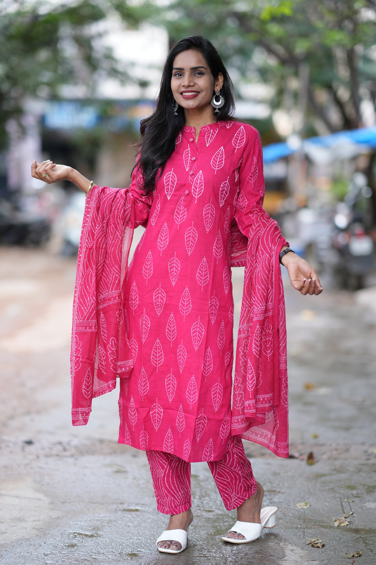 Rani Pink Color Jaipuri Cotton 3 Piece Set With Kantha Work and Complete Lining