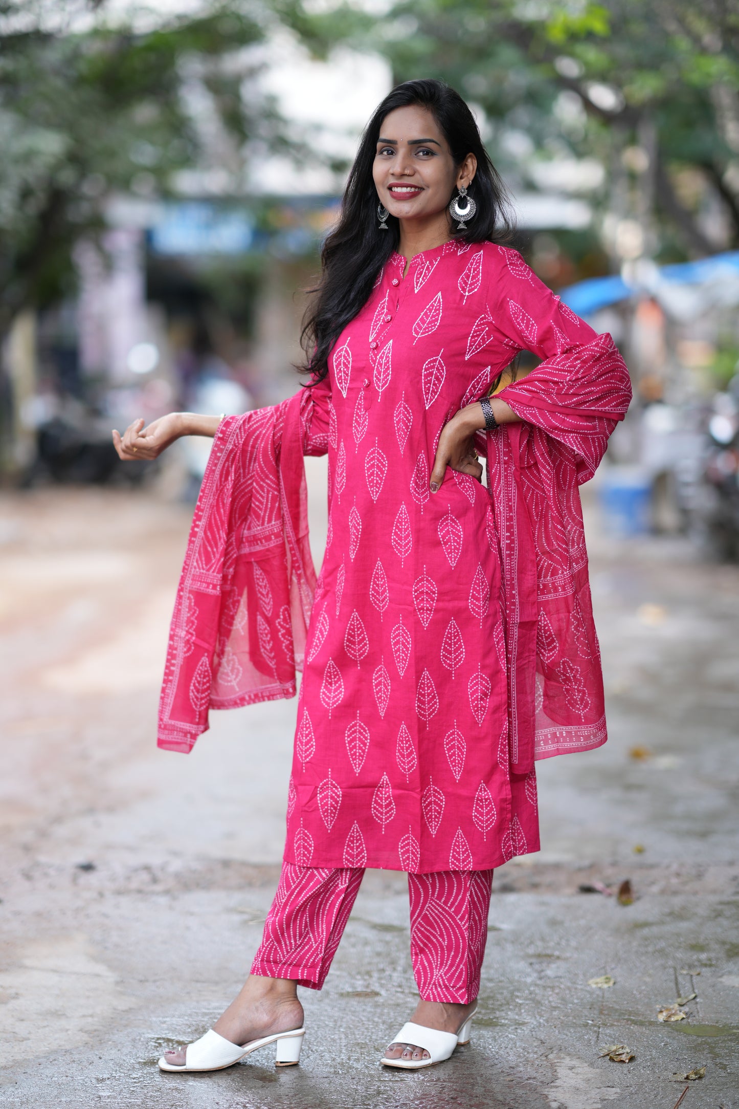 Rani Pink Color Jaipuri Cotton 3 Piece Set With Kantha Work and Complete Lining