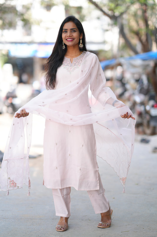 Light Pink Color Viscose Chanderi Party Wear 3 Piece set With Embroidery Work