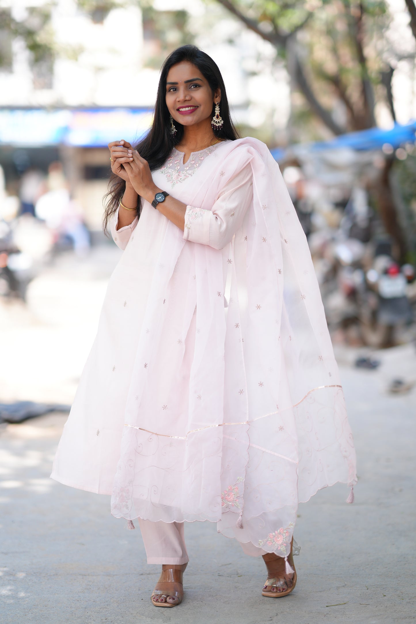 Light Pink Color Viscose Chanderi Party Wear 3 Piece set With Embroidery Work