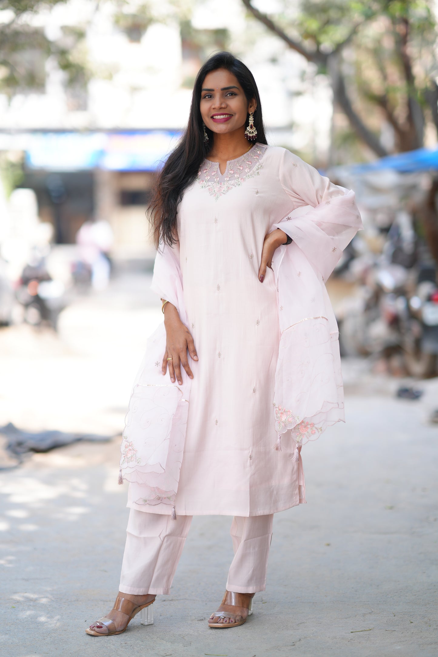 Light Pink Color Viscose Chanderi Party Wear 3 Piece set With Embroidery Work
