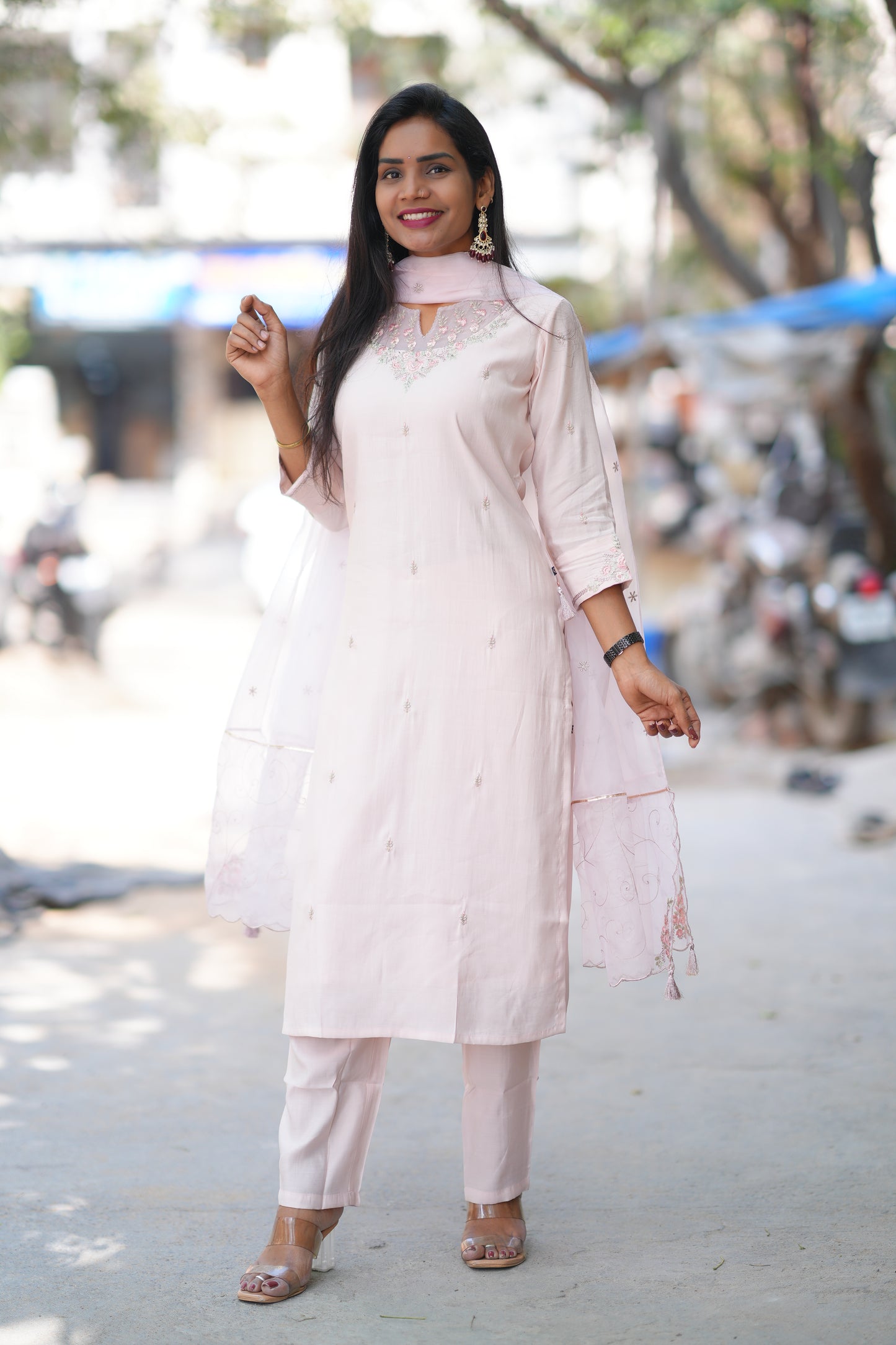 Light Pink Color Viscose Chanderi Party Wear 3 Piece set With Embroidery Work