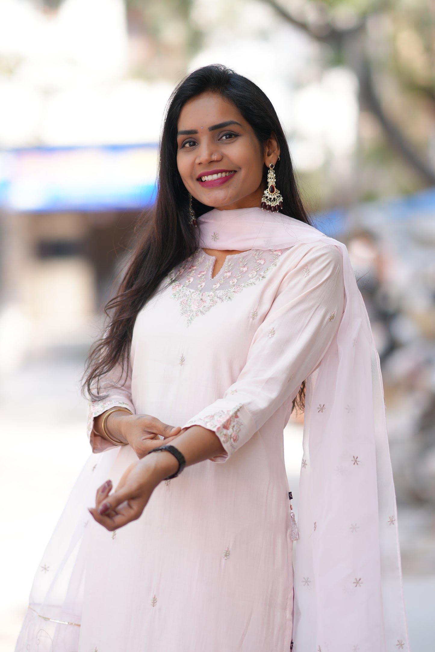 Light Pink Color Viscose Chanderi Party Wear 3 Piece set With Embroidery Work