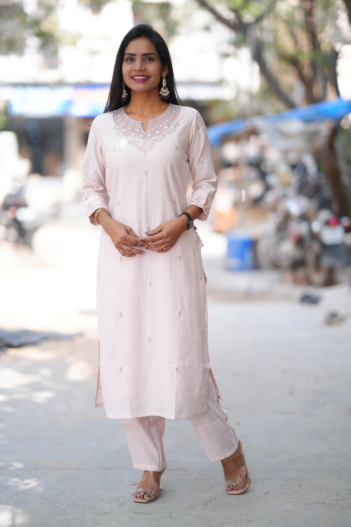 Light Pink Color Viscose Chanderi Party Wear 3 Piece set With Embroidery Work