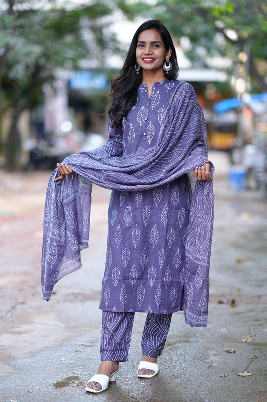 Lavender Color Jaipuri Cotton 3 Piece Set With Kantha Work and Complete Lining