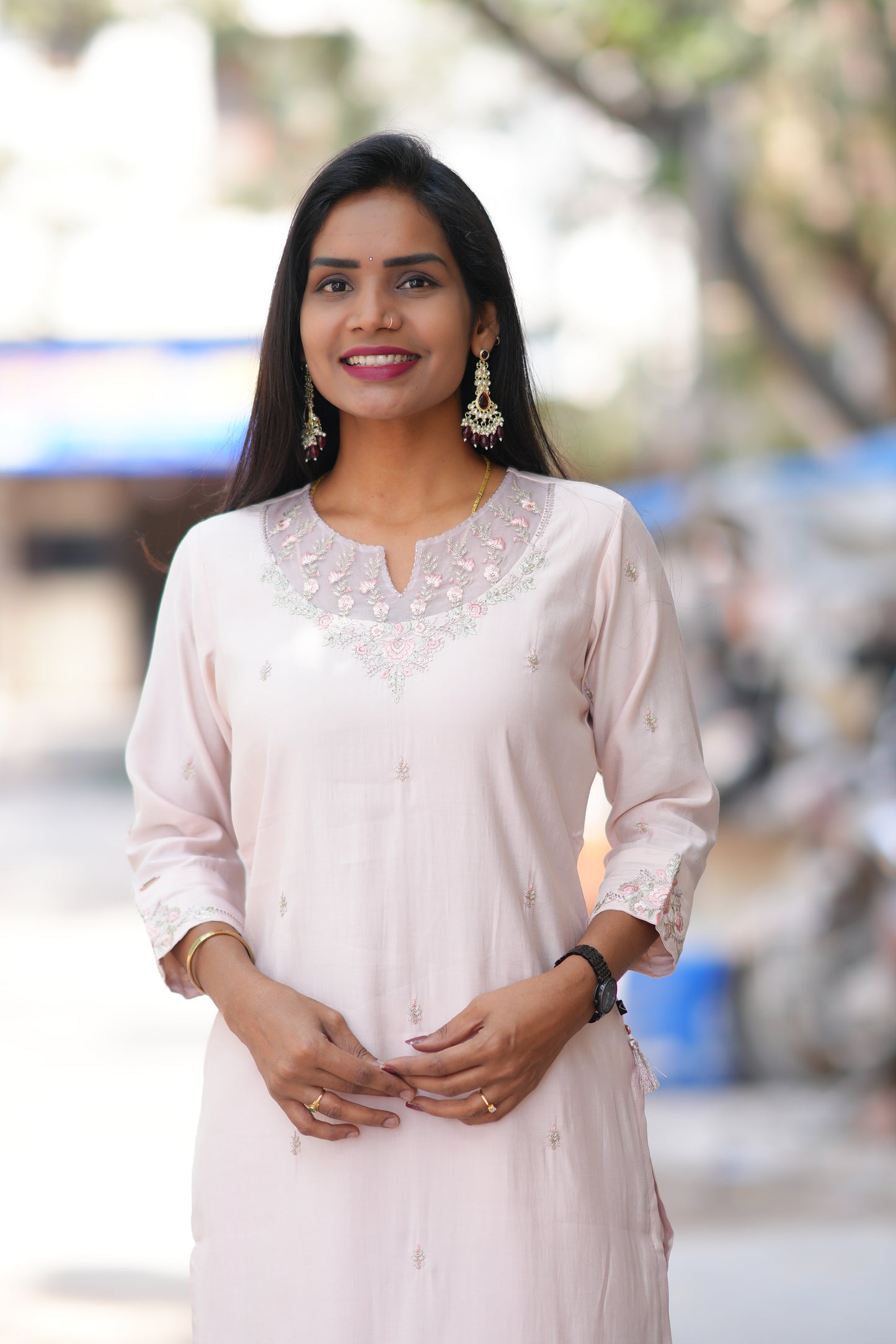 Light Pink Color Viscose Chanderi Party Wear 3 Piece set With Embroidery Work