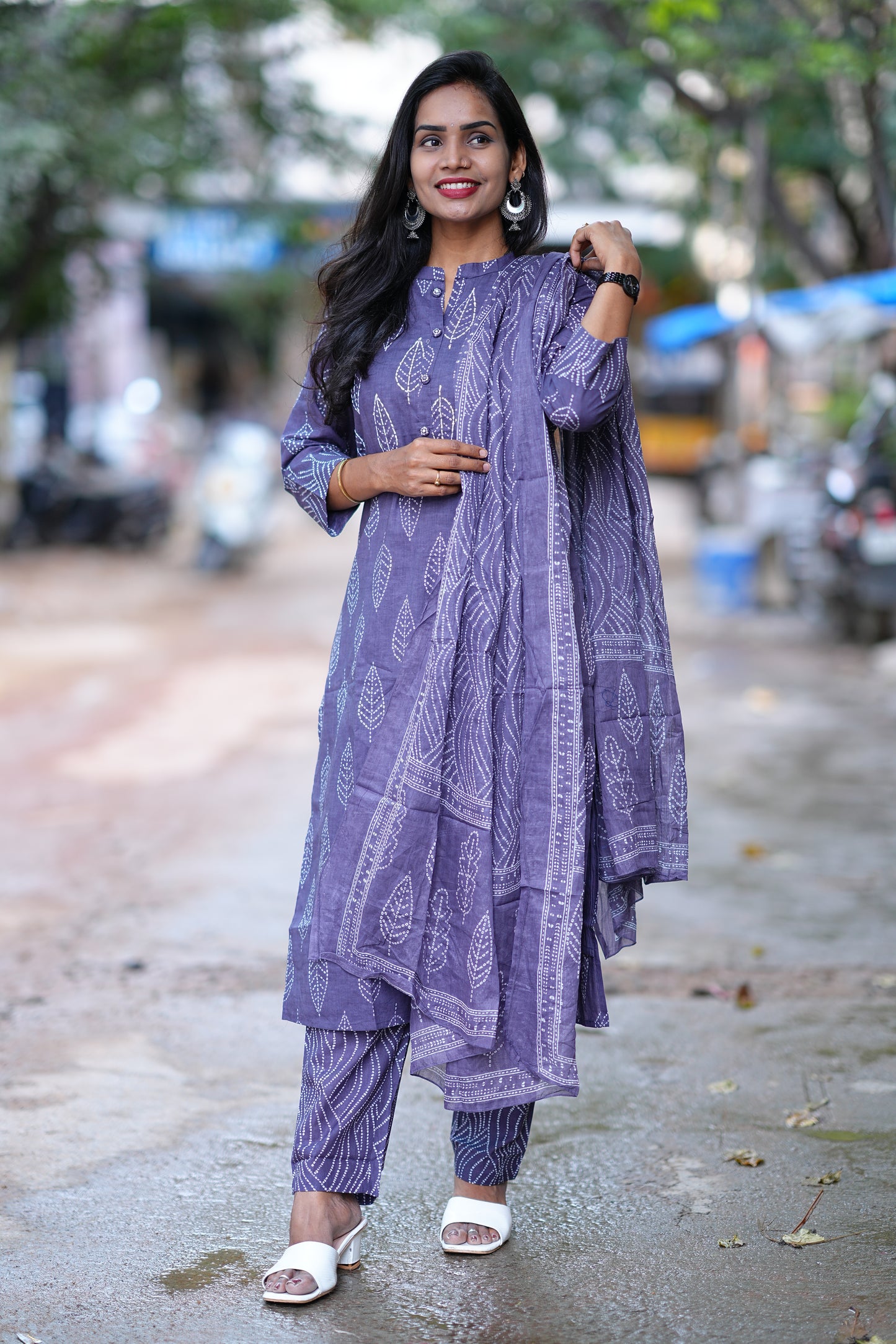 Lavender Color Jaipuri Cotton 3 Piece Set With Kantha Work and Complete Lining
