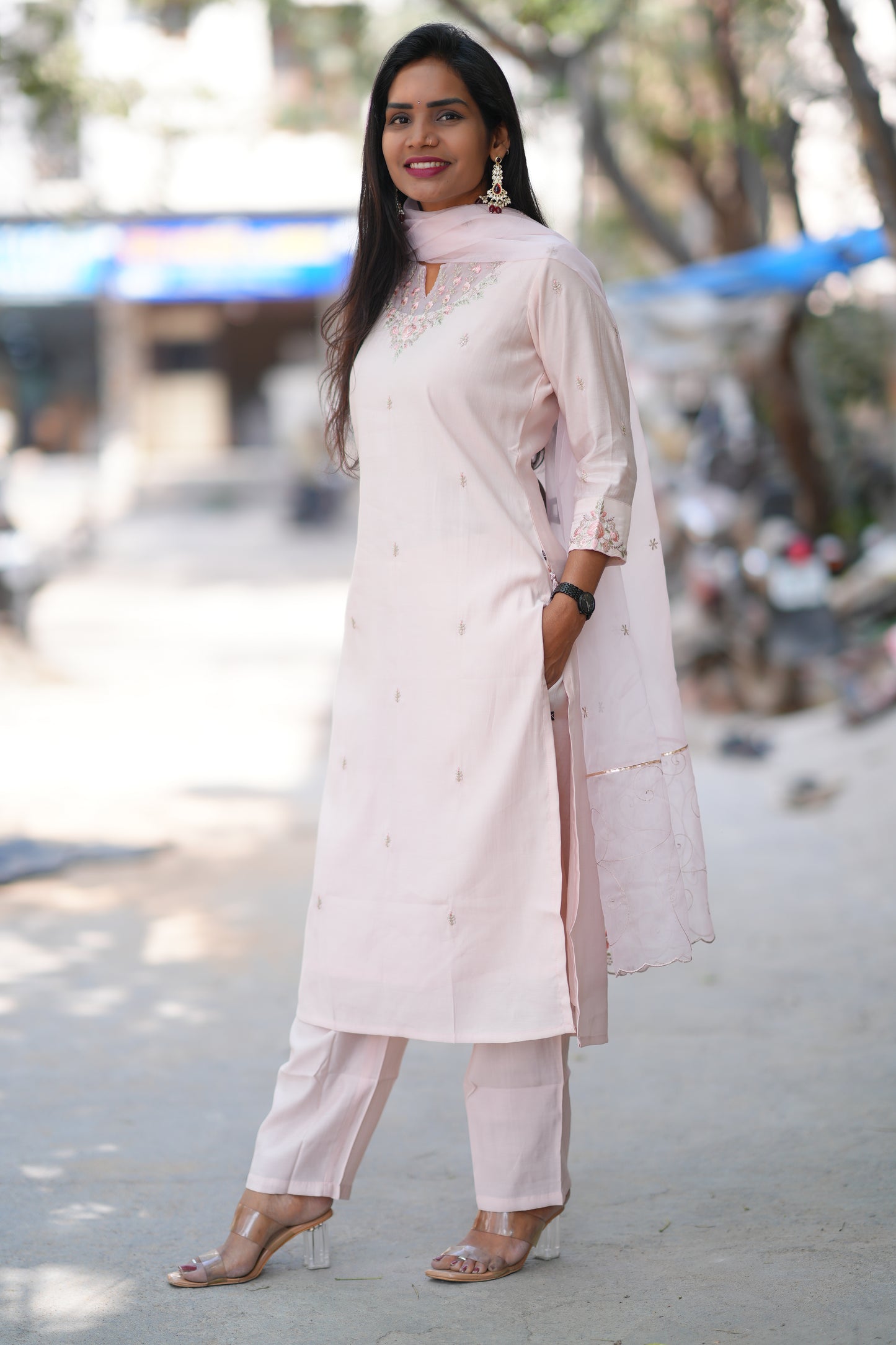 Light Pink Color Viscose Chanderi Party Wear 3 Piece set With Embroidery Work