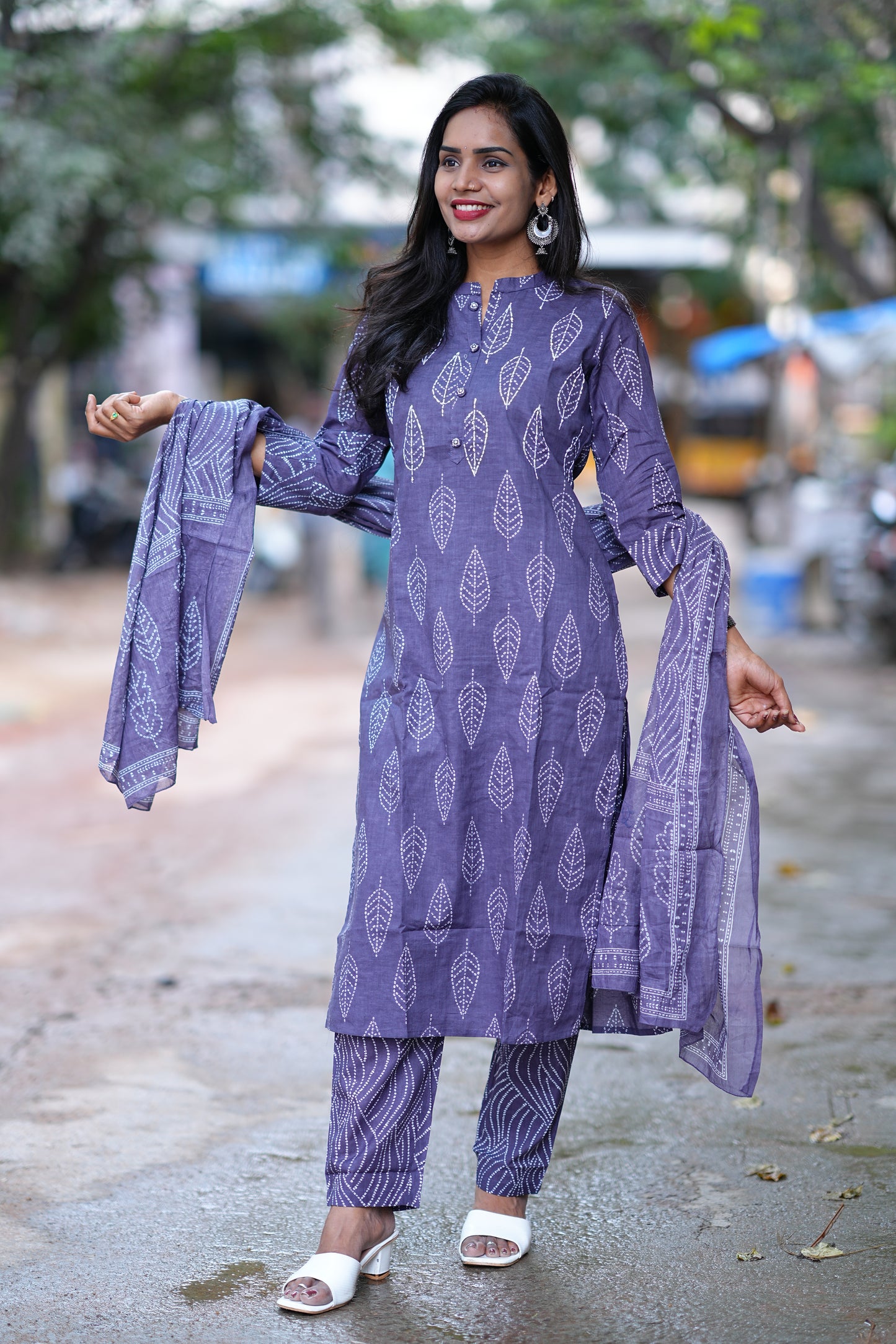 Lavender Color Jaipuri Cotton 3 Piece Set With Kantha Work and Complete Lining