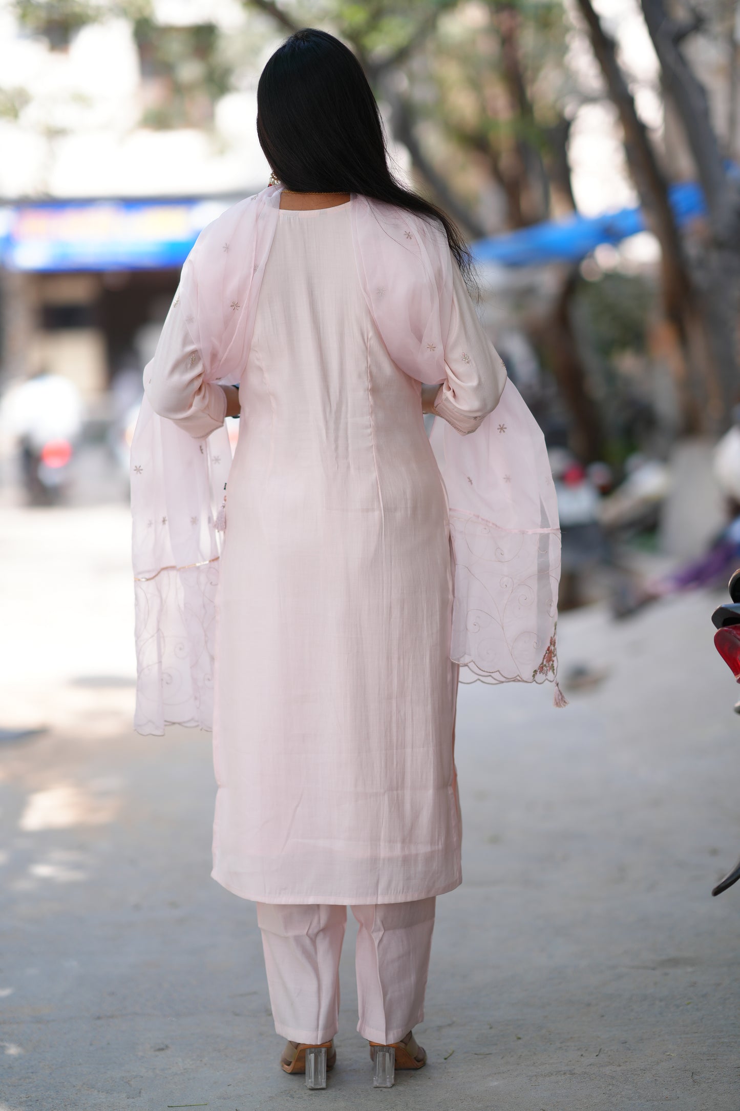 Light Pink Color Viscose Chanderi Party Wear 3 Piece set With Embroidery Work