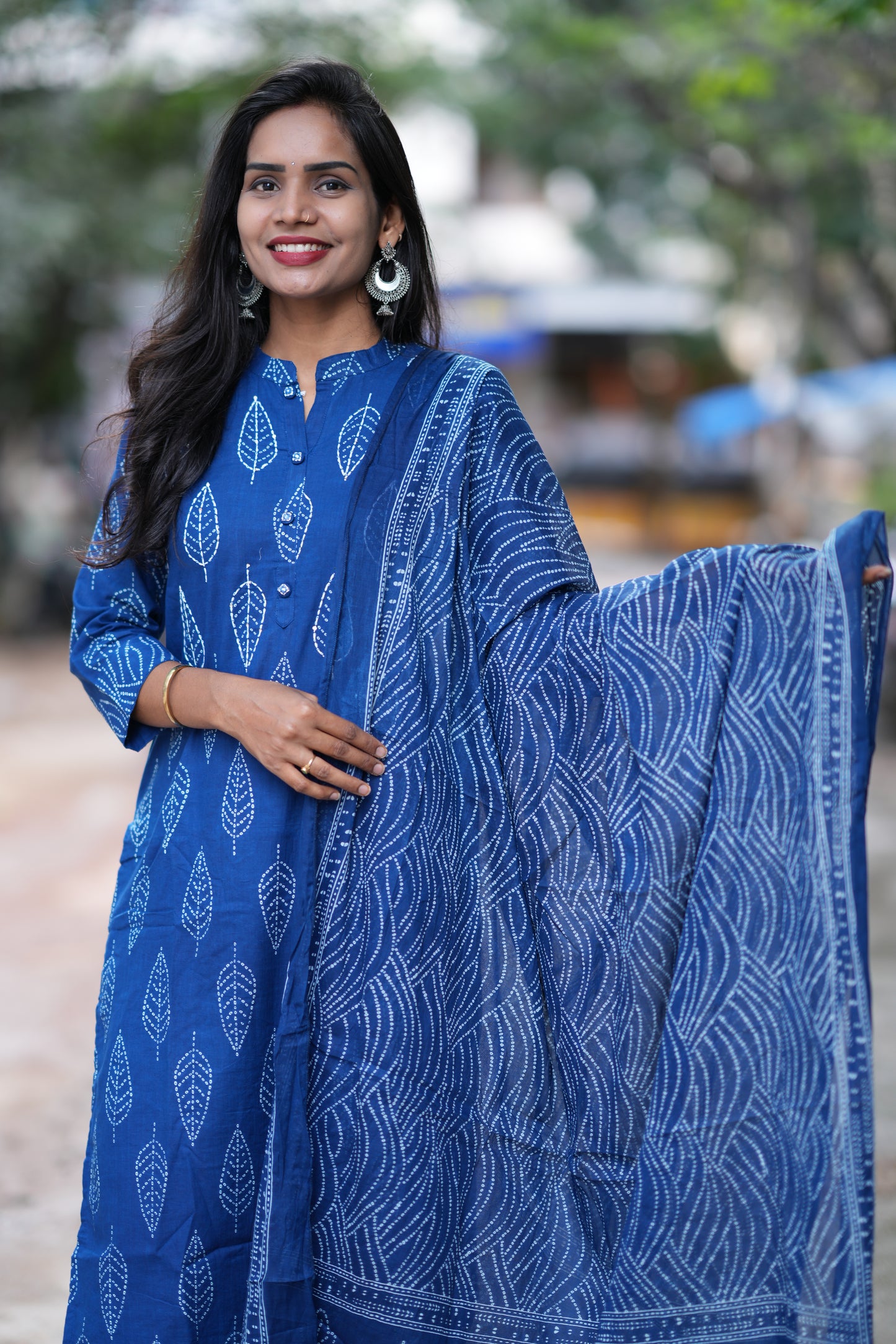 indigo Blue Color Jaipuri Cotton 3 Piece Set With Kantha Work and Complete Lining