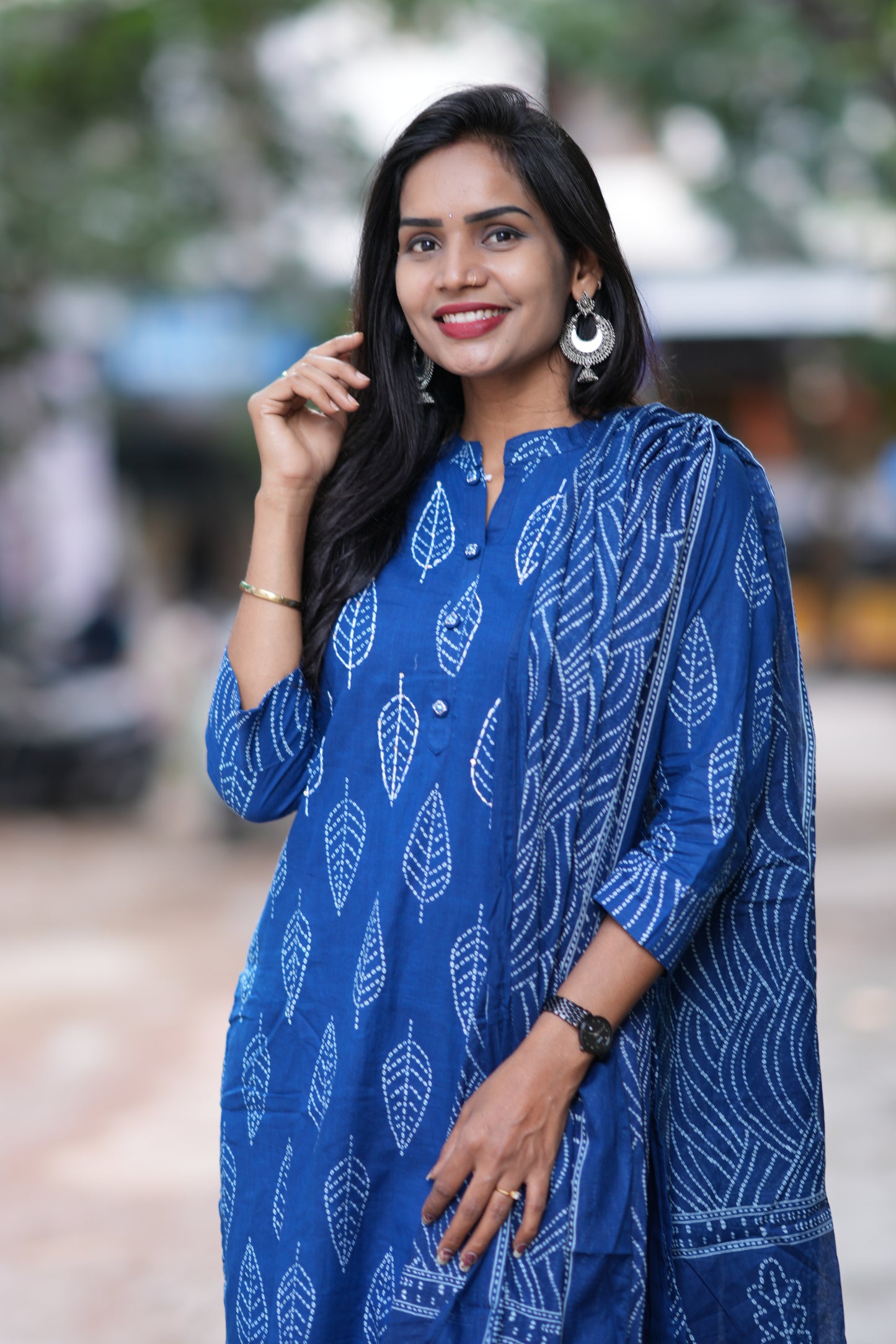 indigo Blue Color Jaipuri Cotton 3 Piece Set With Kantha Work and Complete Lining