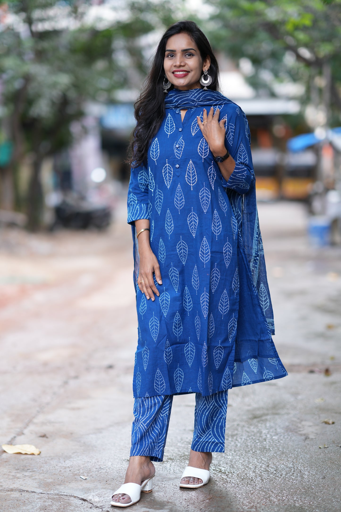 indigo Blue Color Jaipuri Cotton 3 Piece Set With Kantha Work and Complete Lining