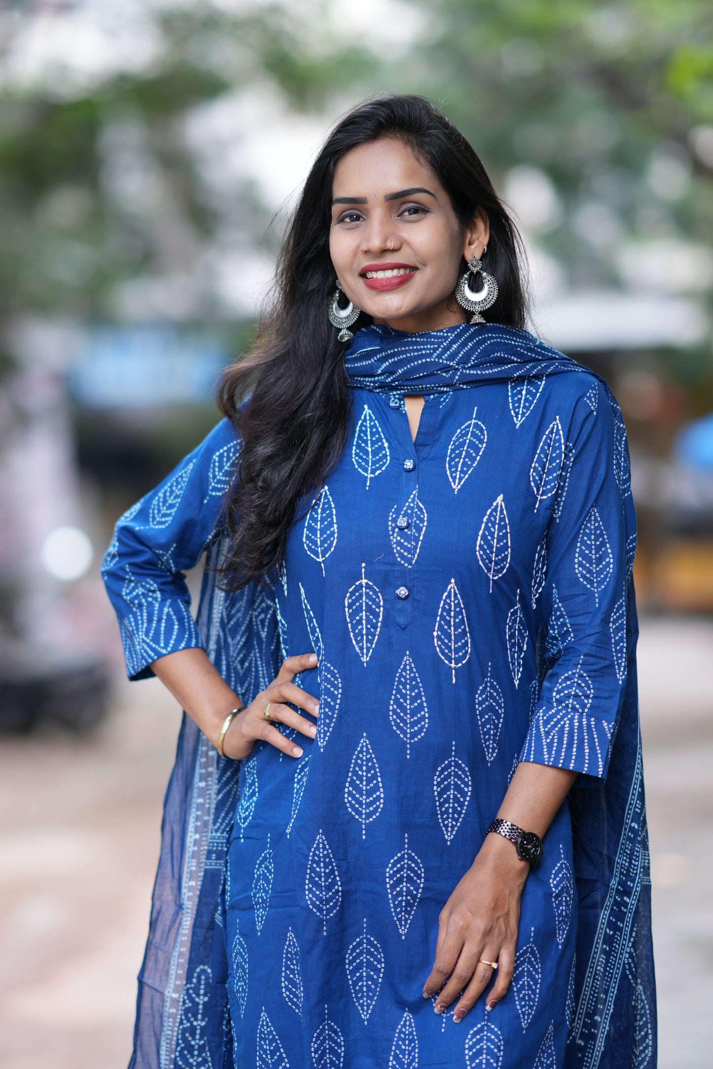 indigo Blue Color Jaipuri Cotton 3 Piece Set With Kantha Work and Complete Lining