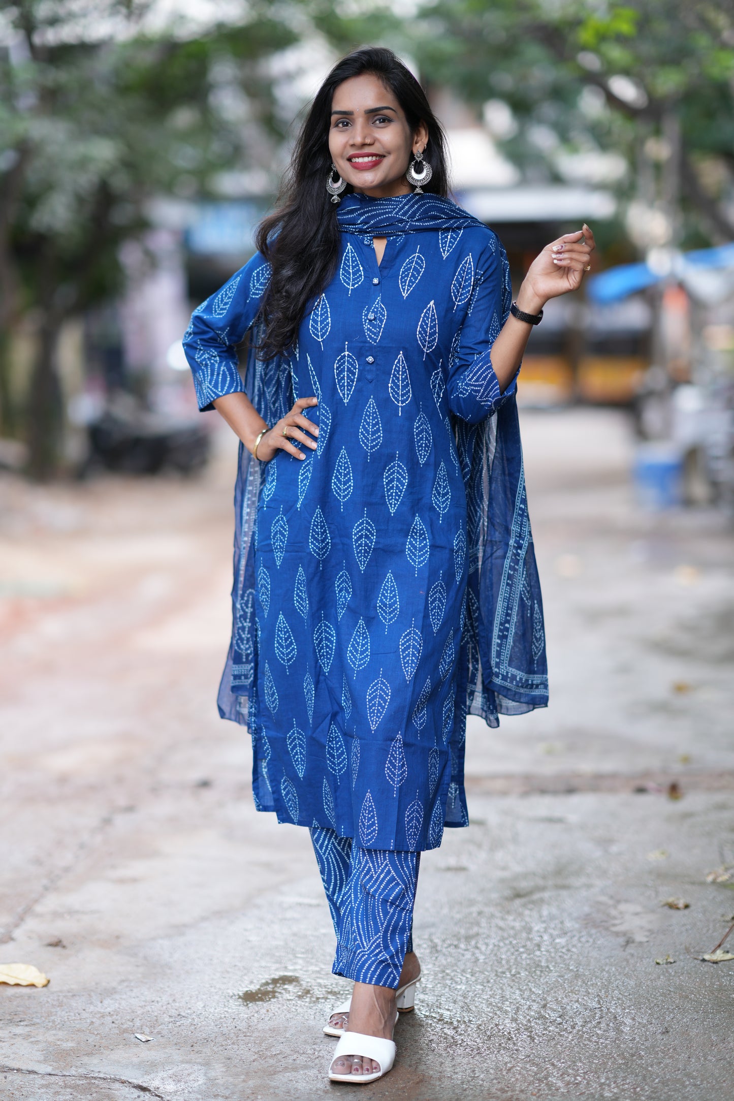 indigo Blue Color Jaipuri Cotton 3 Piece Set With Kantha Work and Complete Lining