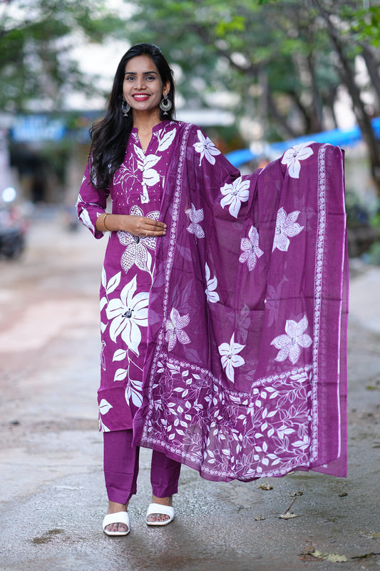 Wine Color Jaipur Cotton 3 Piece Set With Bead Work and Complete Lining