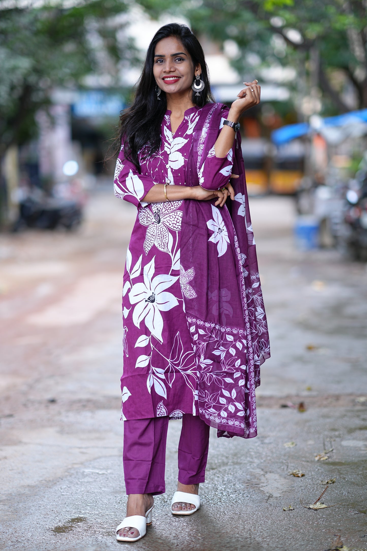 Wine Color Jaipur Cotton 3 Piece Set With Bead Work and Complete Lining