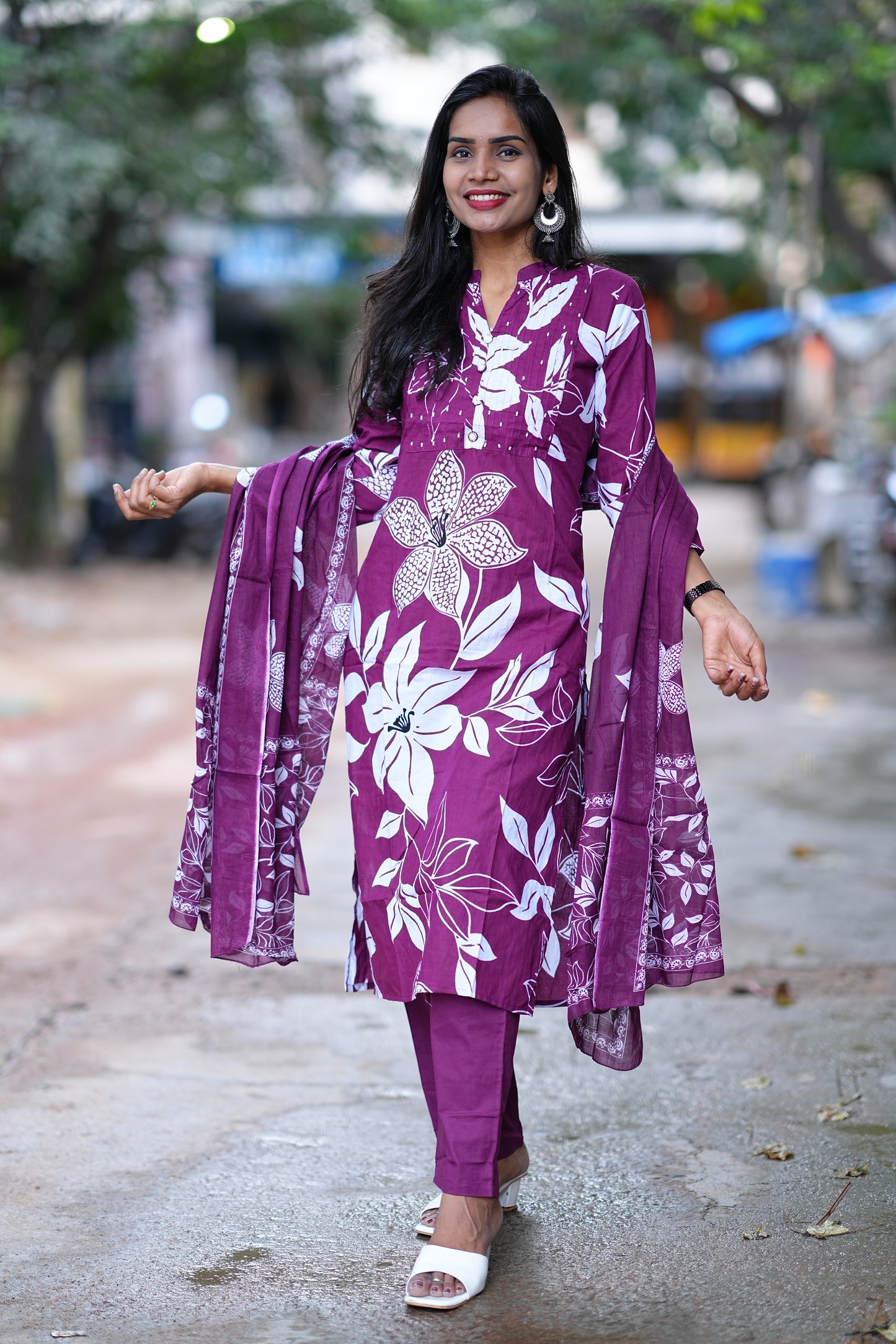 Wine Color Jaipur Cotton 3 Piece Set With Bead Work and Complete Lining