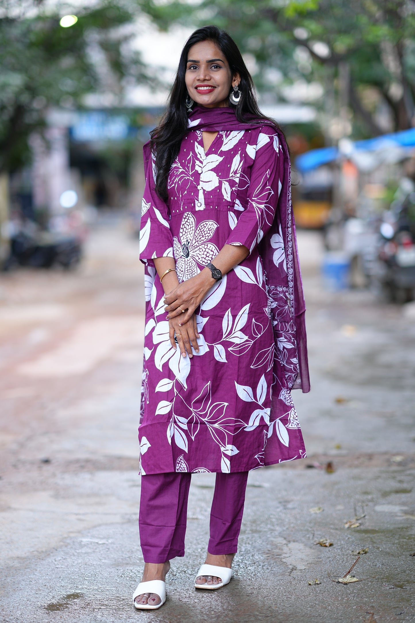 Wine Color Jaipur Cotton 3 Piece Set With Bead Work and Complete Lining