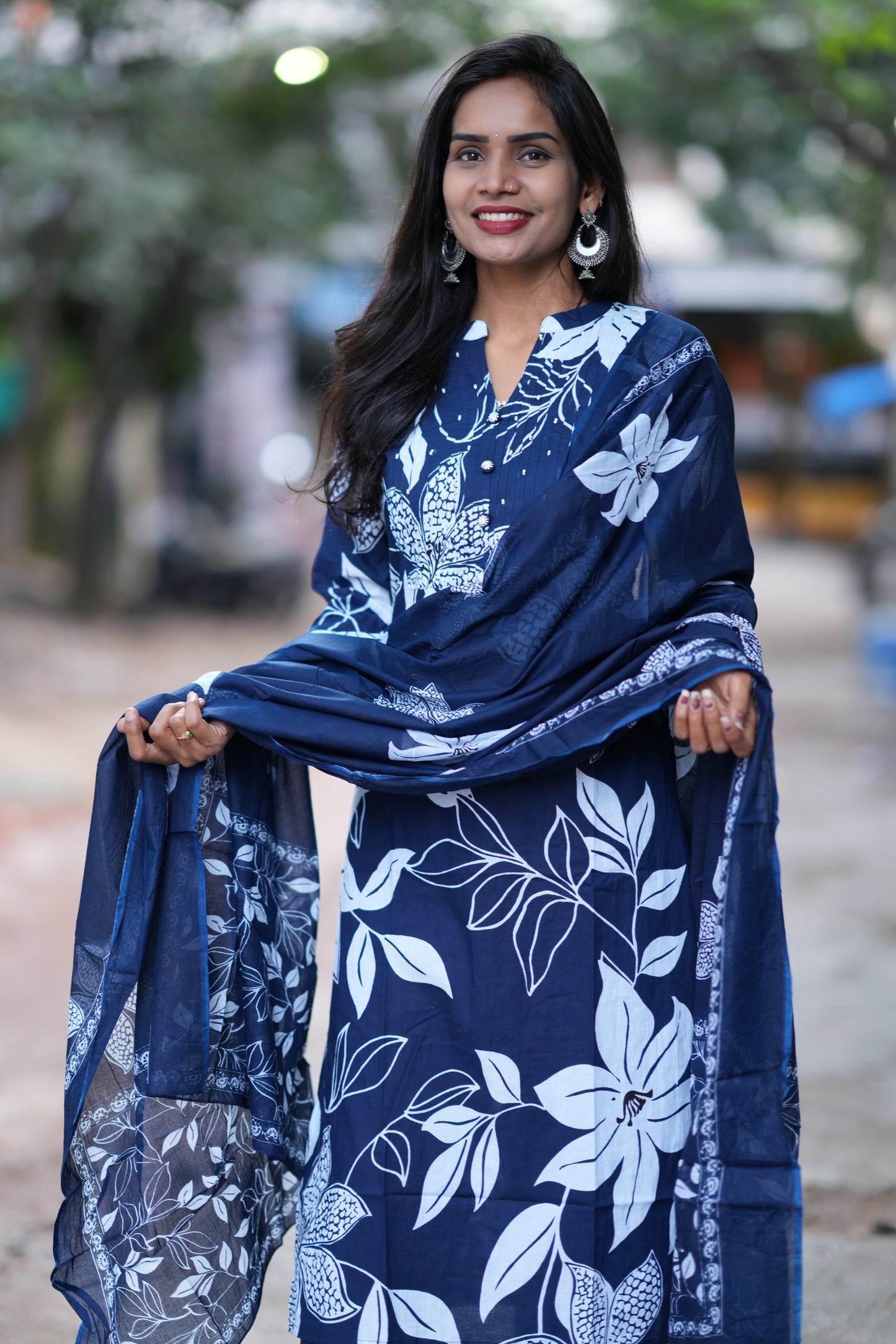 Blue Color Jaipur Cotton 3 Piece Set With Bead Work and Complete Lining