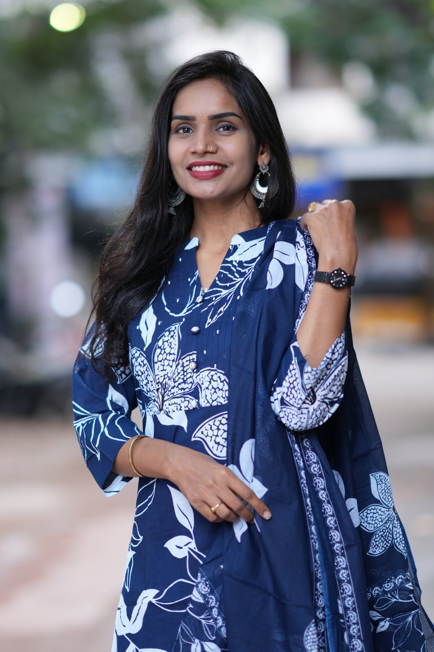 Blue Color Jaipur Cotton 3 Piece Set With Bead Work and Complete Lining