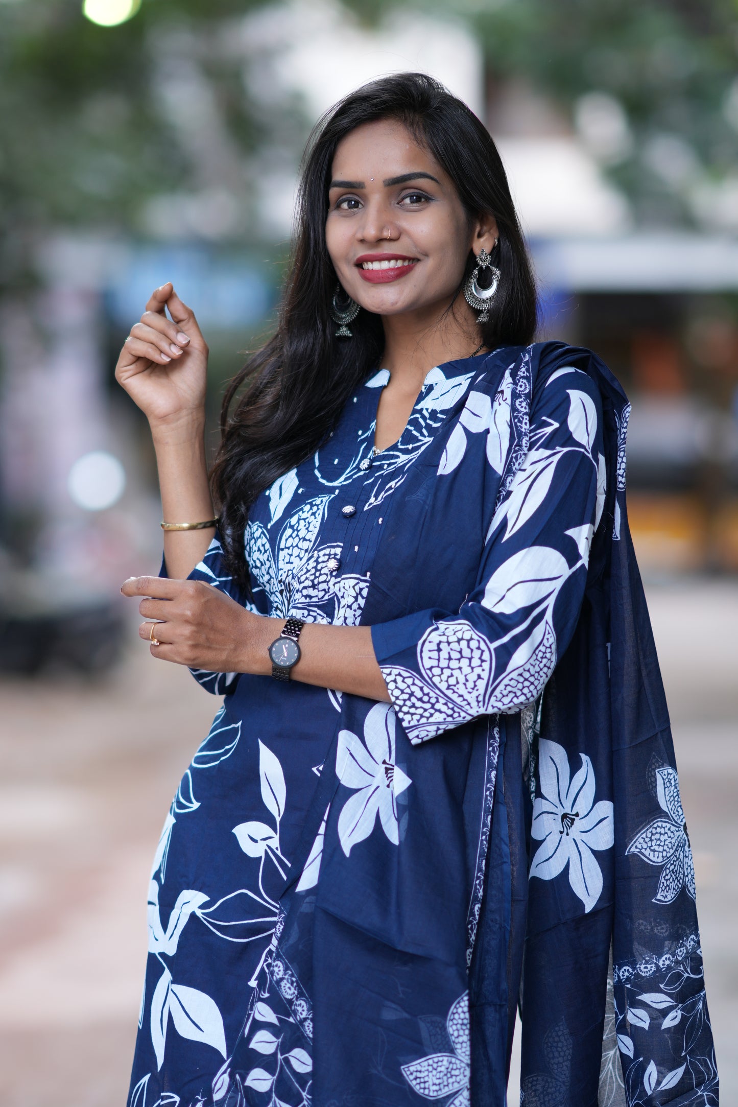 Blue Color Jaipur Cotton 3 Piece Set With Bead Work and Complete Lining