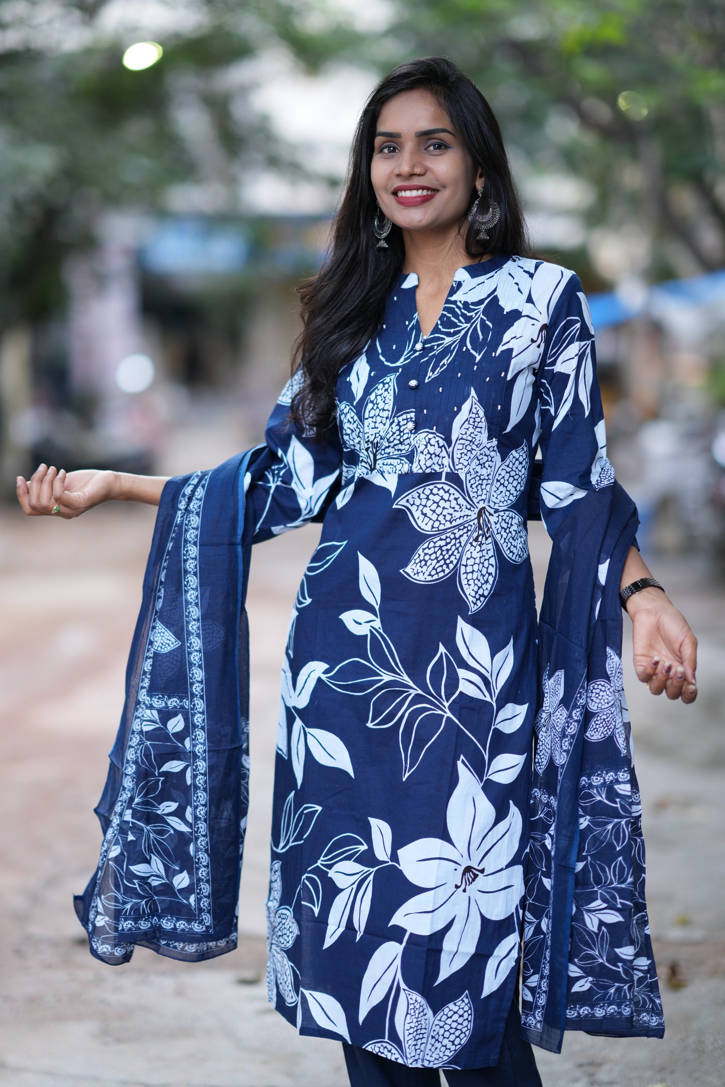 Blue Color Jaipur Cotton 3 Piece Set With Bead Work and Complete Lining