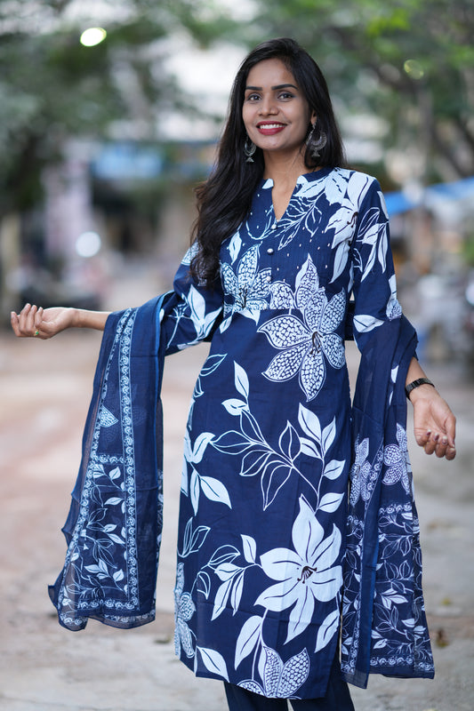 Blue Color Jaipur Cotton 3 Piece Set With Bead Work and Complete Lining