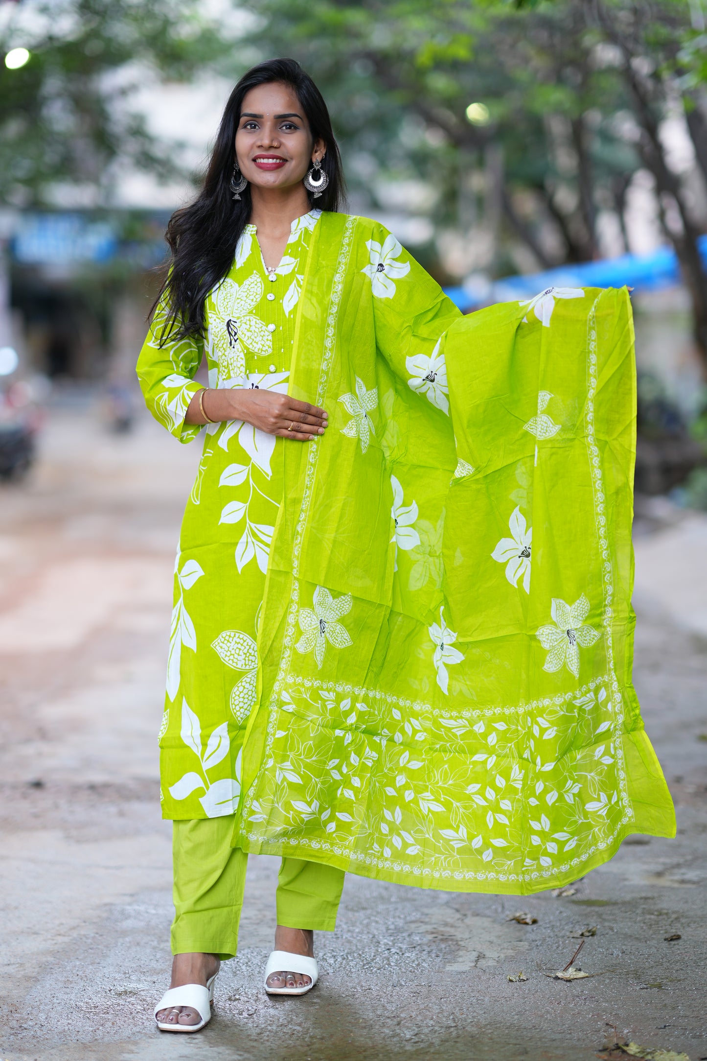 Parrot Green Color Jaipur Cotton 3 Piece Set With Bead Work and Complete Lining