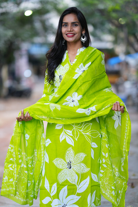 Parrot Green Color Jaipur Cotton 3 Piece Set With Bead Work and Complete Lining