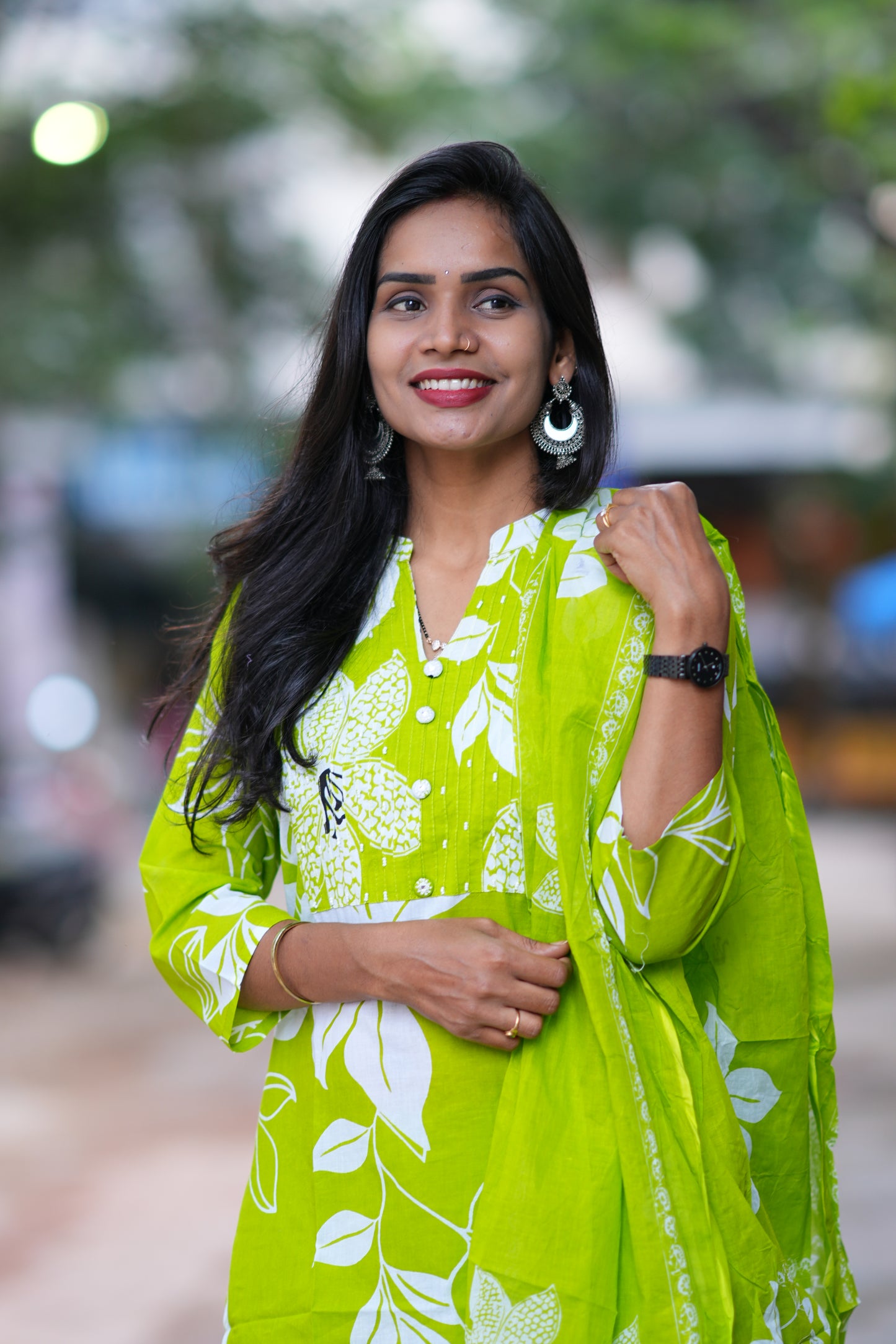 Parrot Green Color Jaipur Cotton 3 Piece Set With Bead Work and Complete Lining