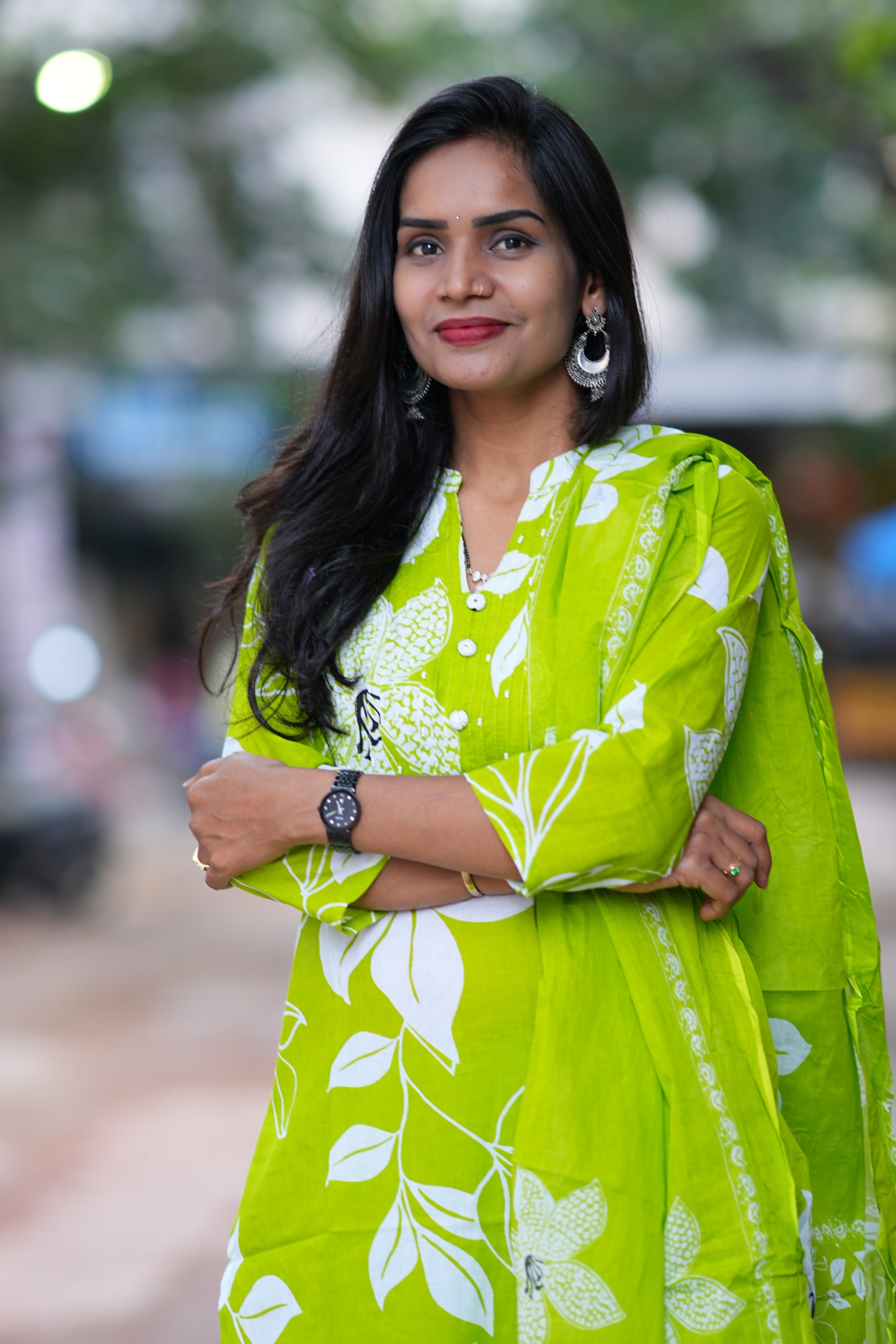 Parrot Green Color Jaipur Cotton 3 Piece Set With Bead Work and Complete Lining