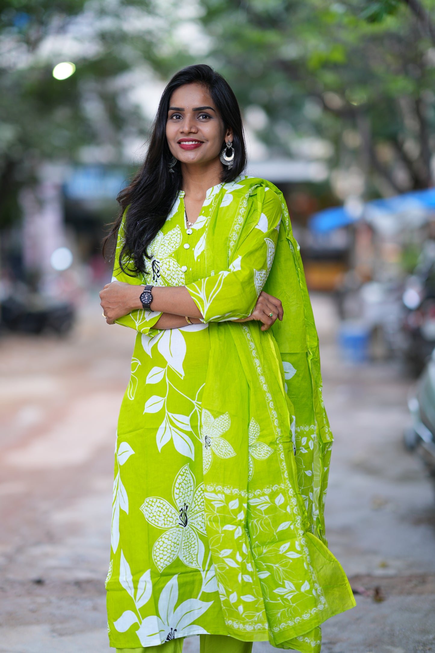 Parrot Green Color Jaipur Cotton 3 Piece Set With Bead Work and Complete Lining