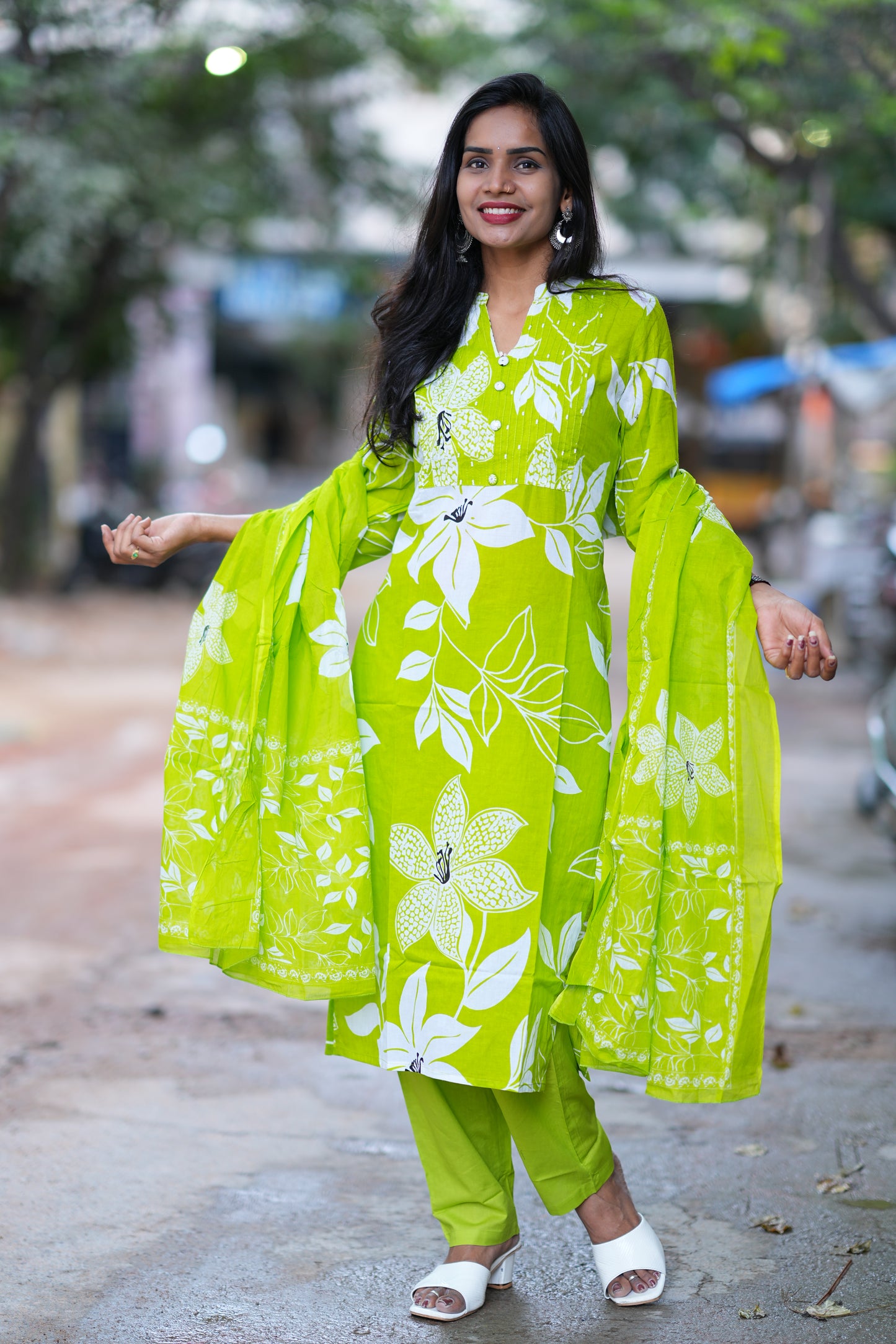 Parrot Green Color Jaipur Cotton 3 Piece Set With Bead Work and Complete Lining