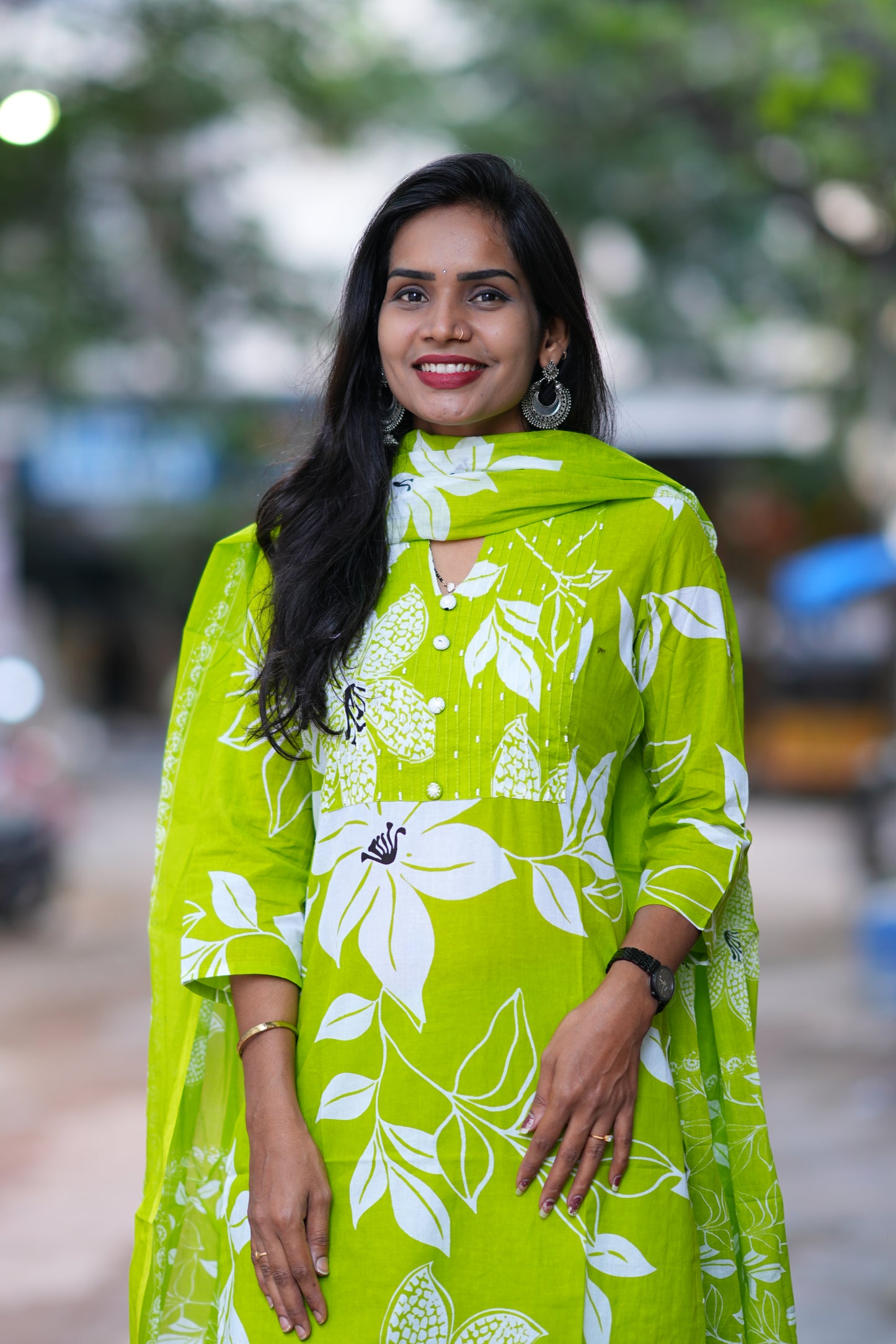 Parrot Green Color Jaipur Cotton 3 Piece Set With Bead Work and Complete Lining