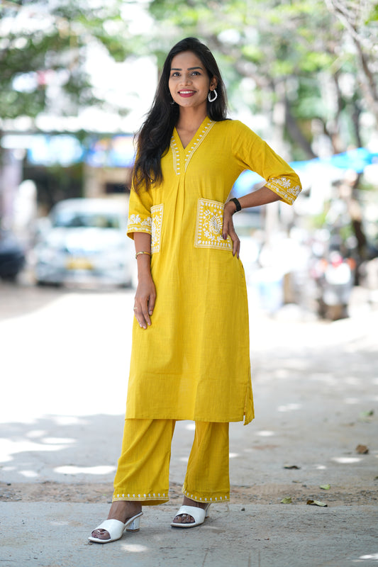 Yellow Color Cordset With Dual Pockets