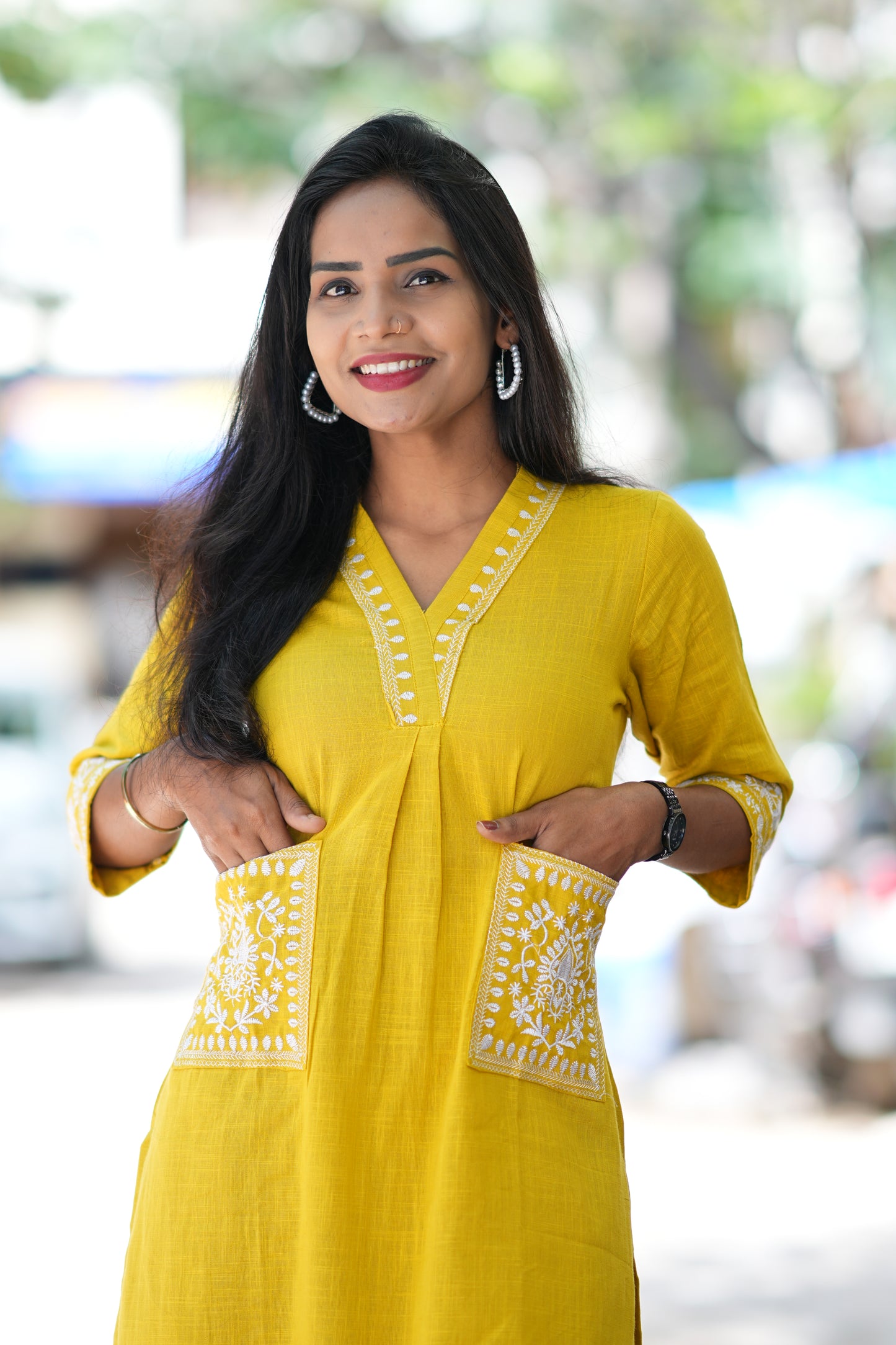 Yellow Color Cordset With Dual Pockets