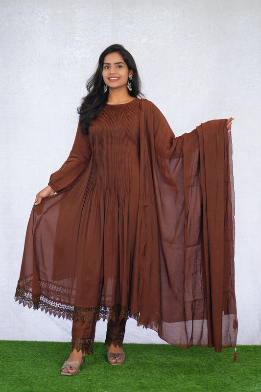 Brown Color Mul Chanderi Stylish 3 Piece Set with Lining