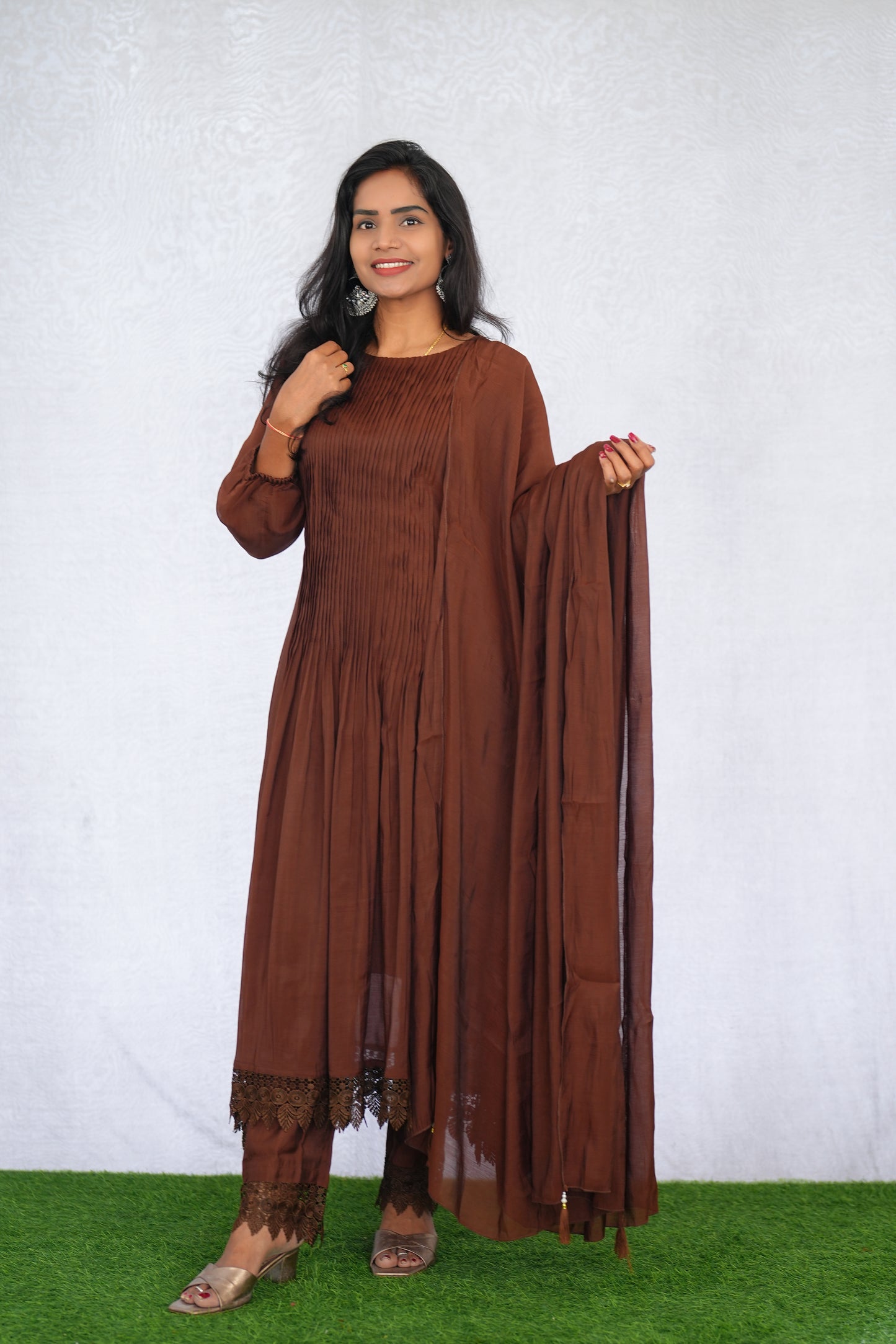 Brown Color Mul Chanderi Stylish 3 Piece Set with Lining
