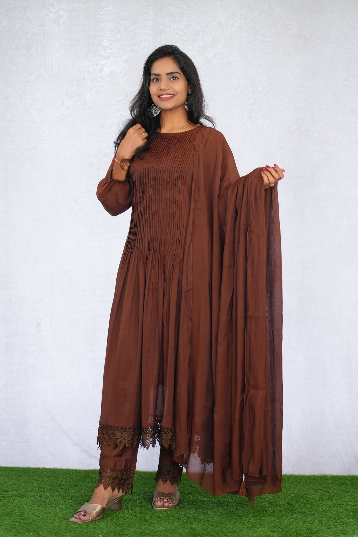 Brown Color Mul Chanderi Stylish 3 Piece Set with Lining