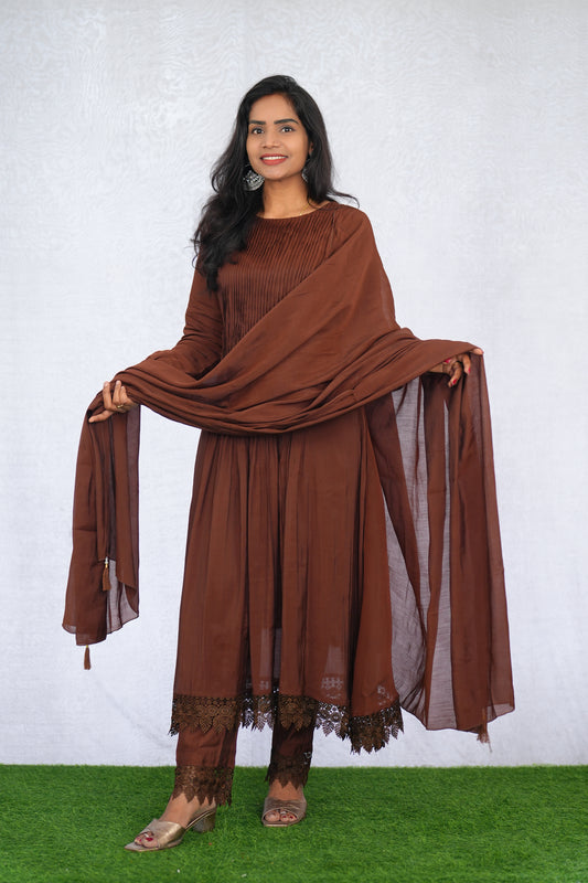 Brown Color Mul Chanderi Stylish 3 Piece Set with Lining